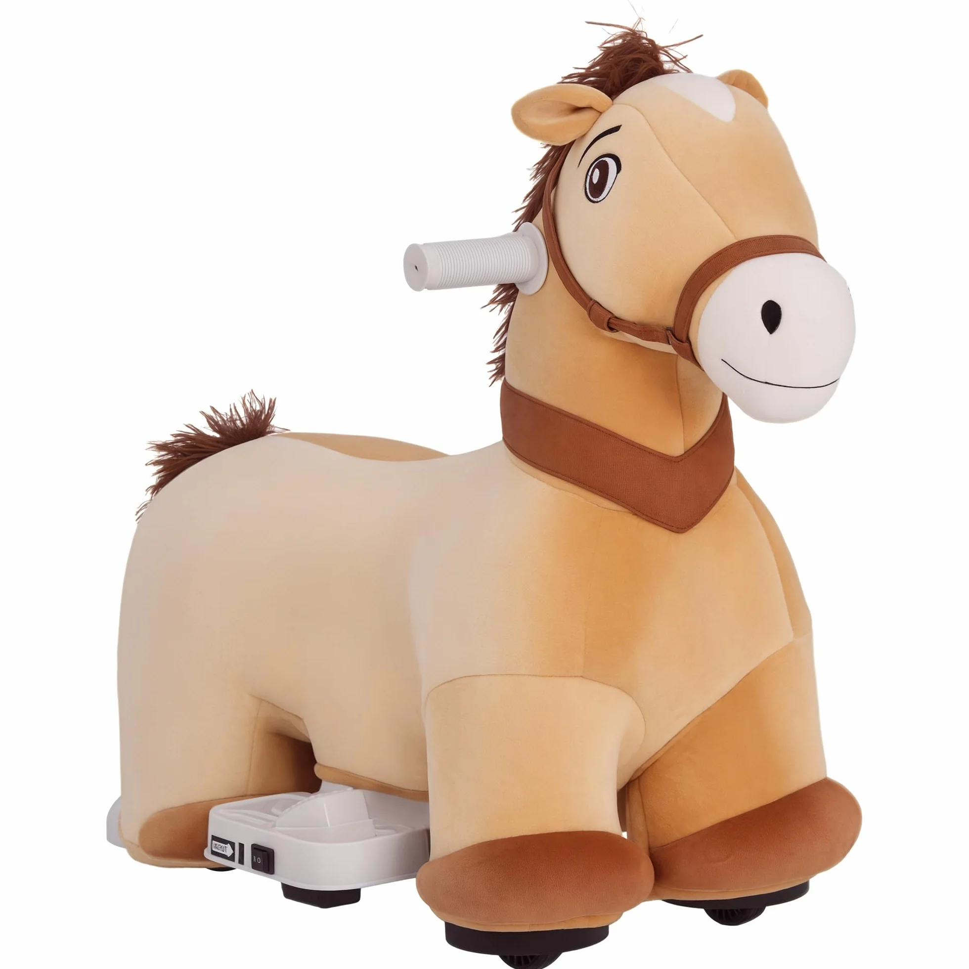 AIYAPLAY Cavallo a Dondolo Elettrico 6V per Bambini da 18-36 Mesi con Musica e Ruote, Cavalluccio a Dondolo Cavalcabile in Poliestere, 69x34x53cm, Marrone
