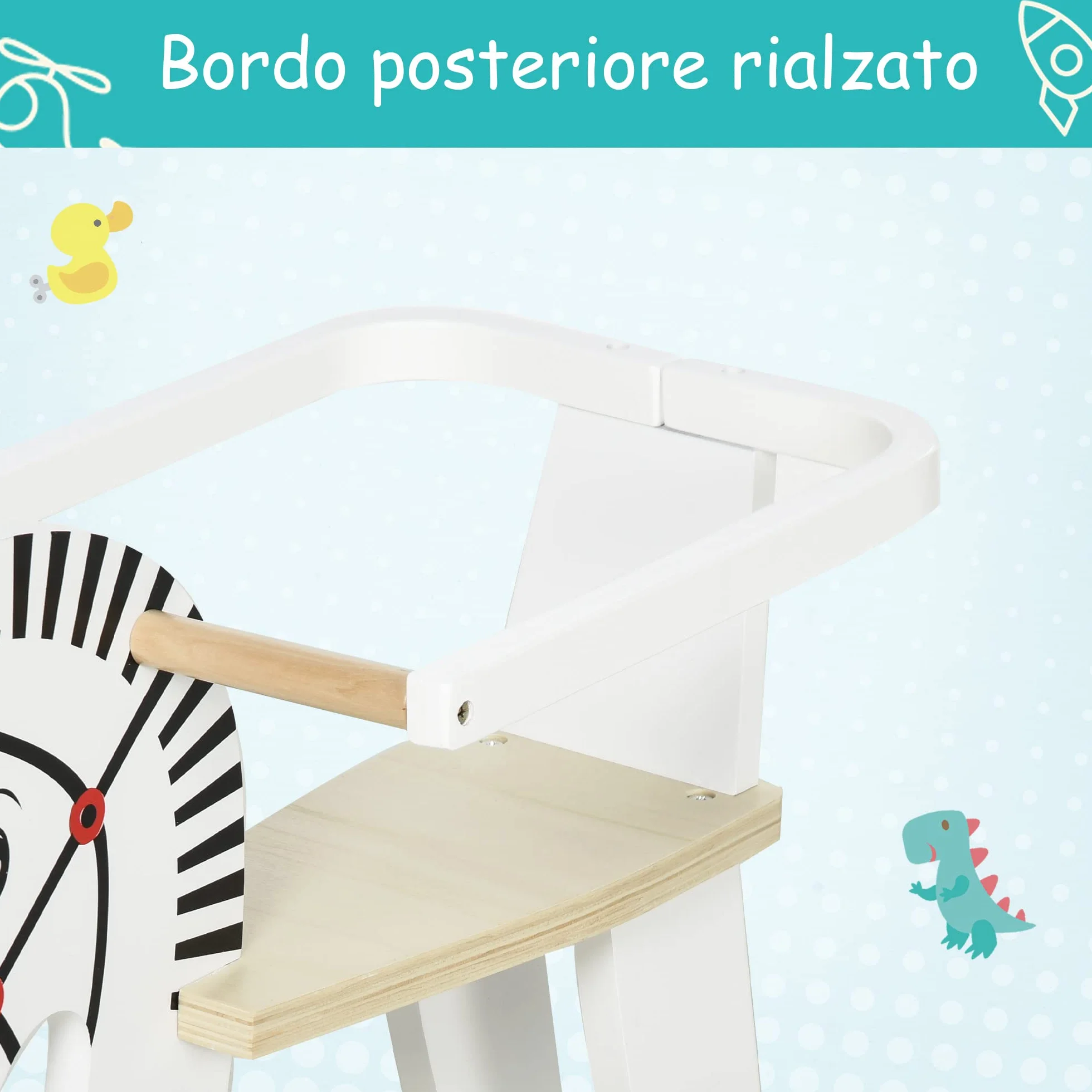 HOMCOM Cavallo a Dondolo Classico in Legno per Bambini 1-3 Anni con Bordo, Maniglie e Poggiapiedi, 68x26.5x48cm, Bianco