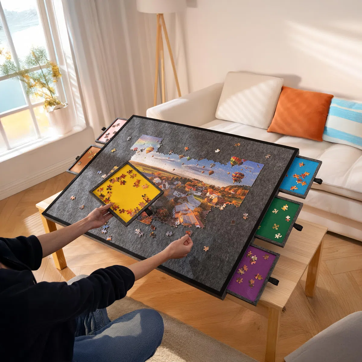Tektalk Tavolo puzzle pieghevole con coperchio, 3 angoli di inclinazione, in feltro leggero e portatile, con 6 cassetti di classificazione, per fino a 2000 pezzi, grigio scuro