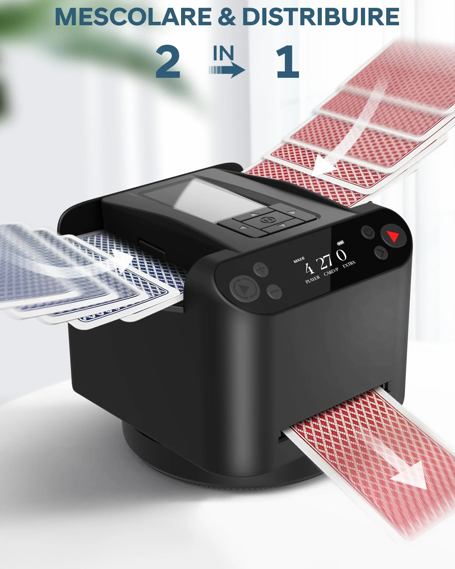 Mescolatore e Distributore Automatico di Carte – Rotazione 360° per 1–2 Mazzi, 2–12 Giocatori con 4 Telecomandi | Modalità di Gioco Integrate, Ricaricabile & Silenzioso per Poker, UNO, Phase 10 (Nero)
