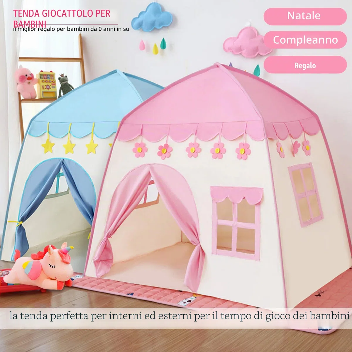 Tenda da gioco per bambini con luci a stella, rosa, per interni ed esterni