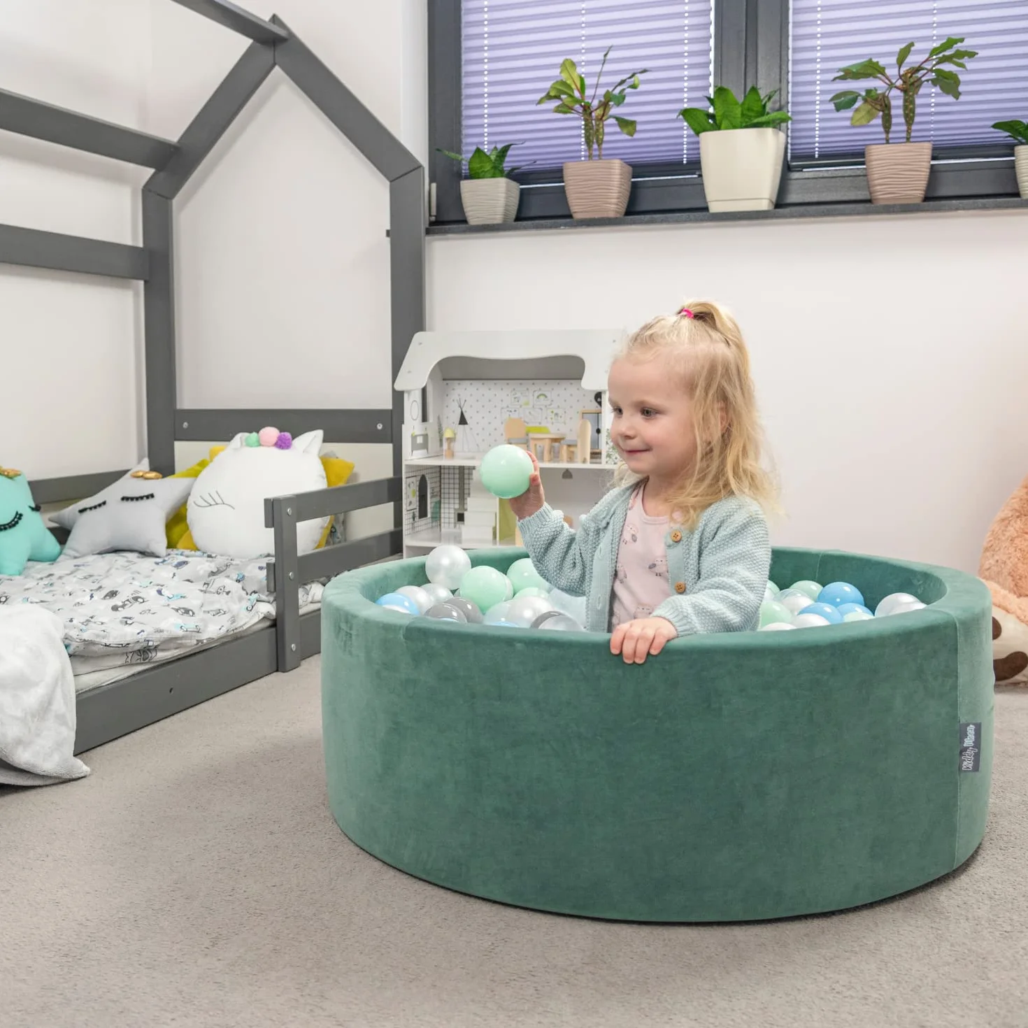 KiddyMoon Piscina di Palline Colorate 90X30cm/200 Palline ∅ 7CM per Bambini Tondo Fabbricato in EU, Primavera: Verde Chiaro/Verde/Giallo/Rosa Chiaro/Rosa
