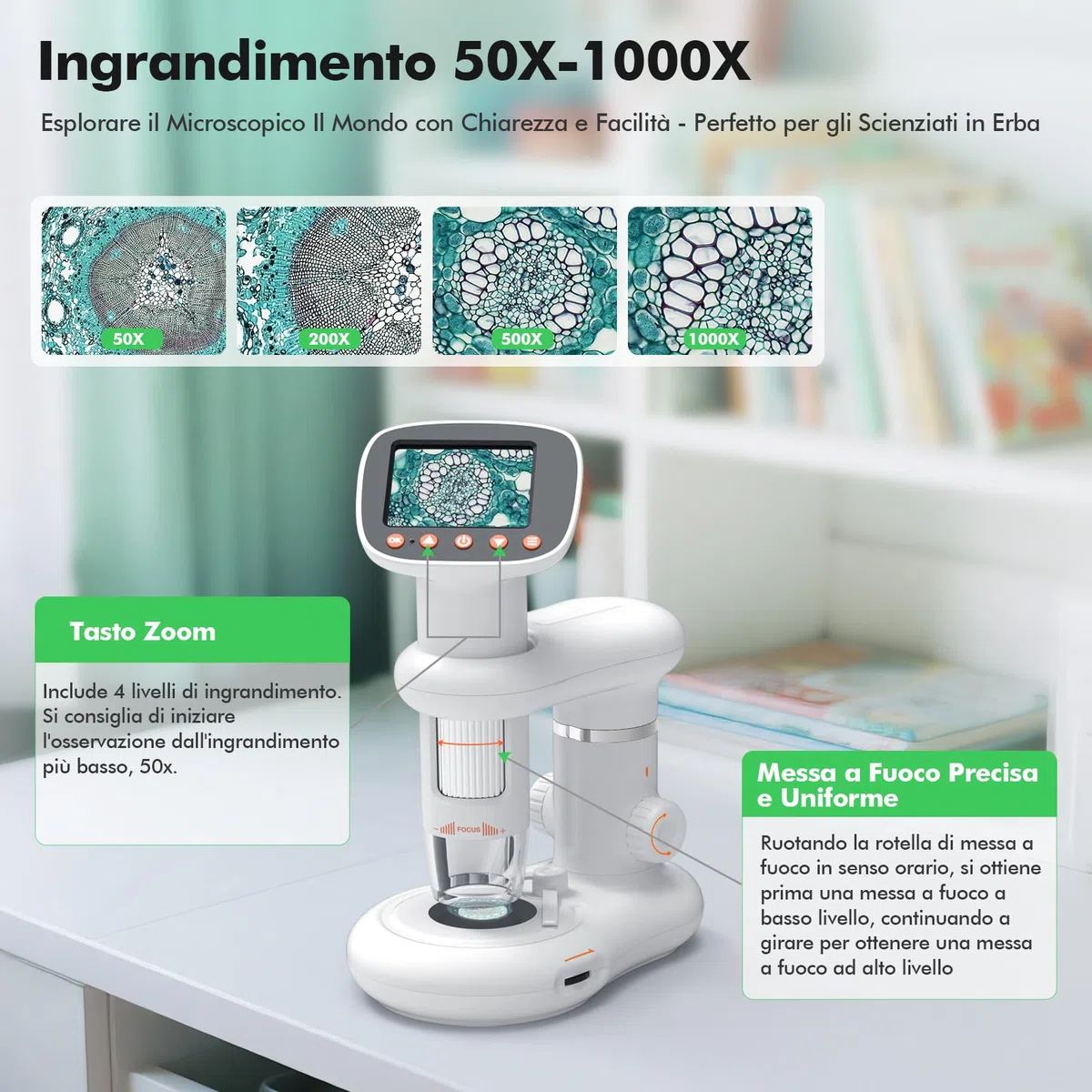 HOMEASY Microscopio Digitale per Bambini con HD Display 50X-1000X Ottica Regolabile e Doppia Luce LED Accessori Inclusi per Osservazione di Insetti Piante e Campioni 16GB SD Card Portable Educativo