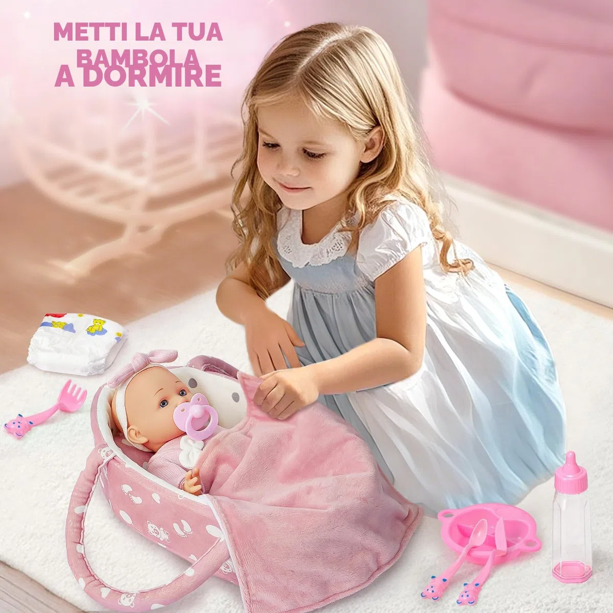 vamei Accessori per Bambola Reborn Femmina, Letto Portatile per Bambole con Vestiti per Bambole & Pannolini per Bambola Bambina & Borsa Fasciatoio & Biberon & Ciuccio, Regalo per Bambina 2 3 4 5 anni
