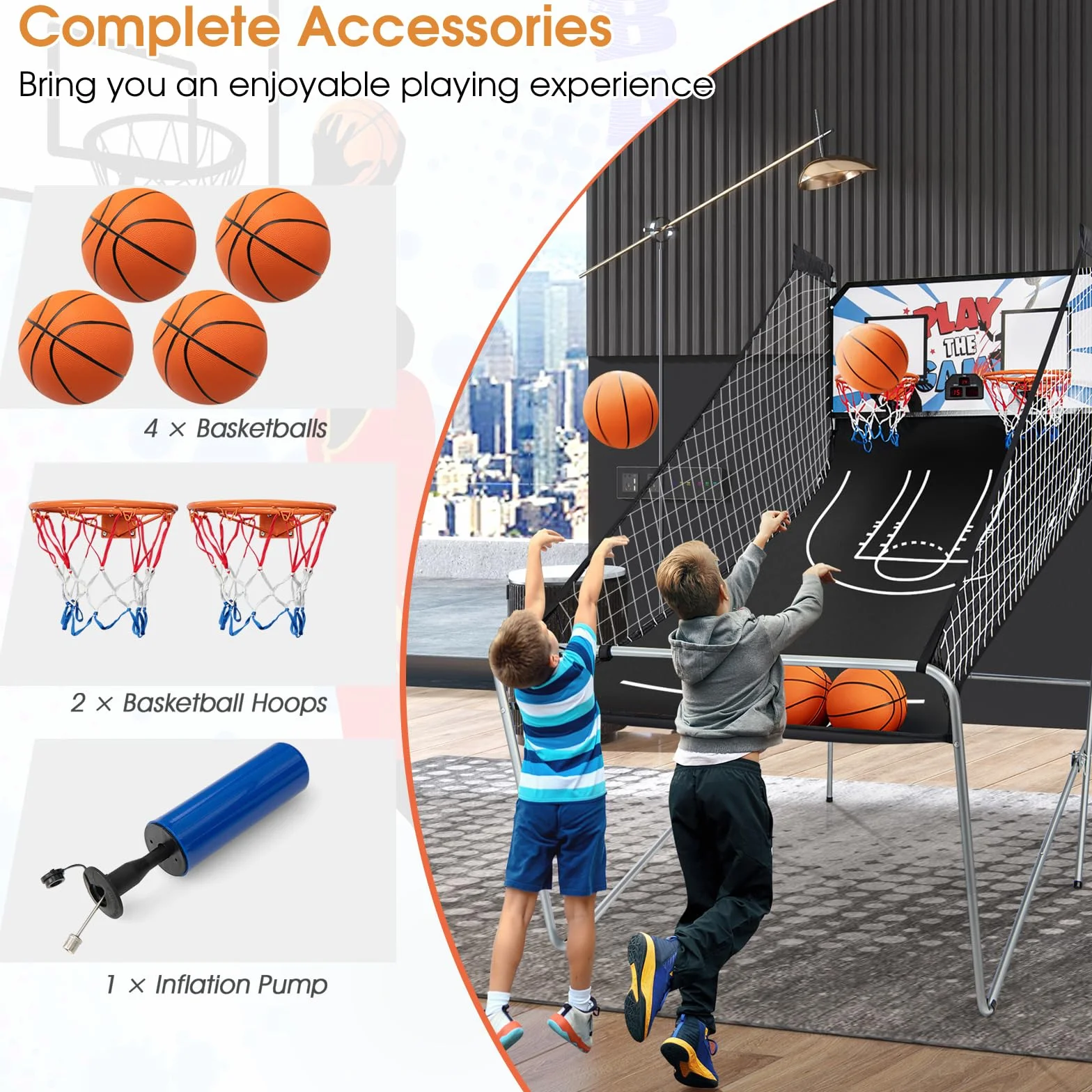 KOMFOTTEU Set di cestini da pallacanestro, arcade pieghevole a doppio cestino con contatore elettronico, 8 in 1 macchina da tiro da basket con 4 palline e pompa, 202 x 107 x 205 cm (bianco)
