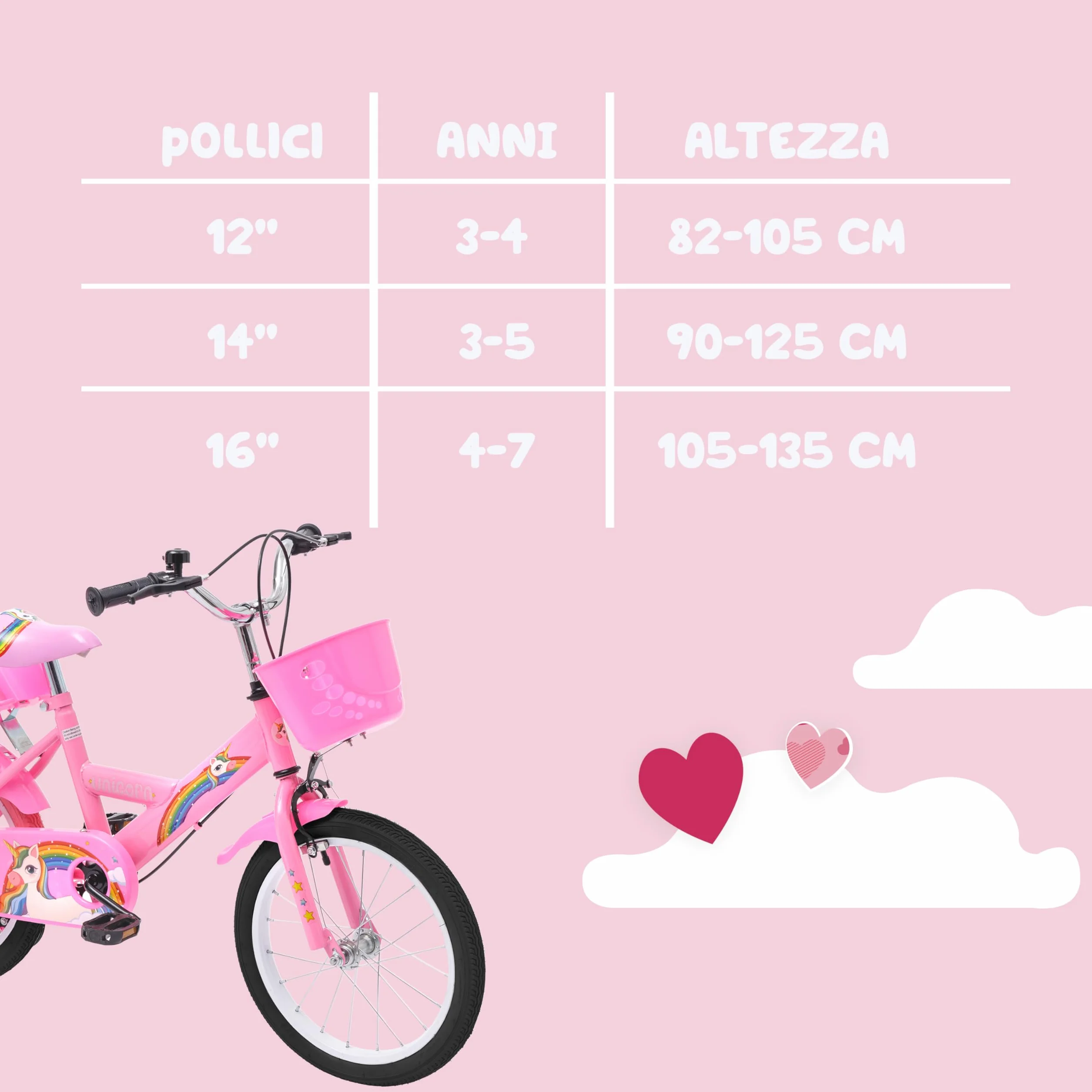 Baroni Toys Bicicletta per Bambine 12 & 14 & 16 Pollici con Unicorno con Porta Bambola e Rotelle Inclusi, Bici in Acciaio con Cestino per Bambina dai 2 ai 7 anni