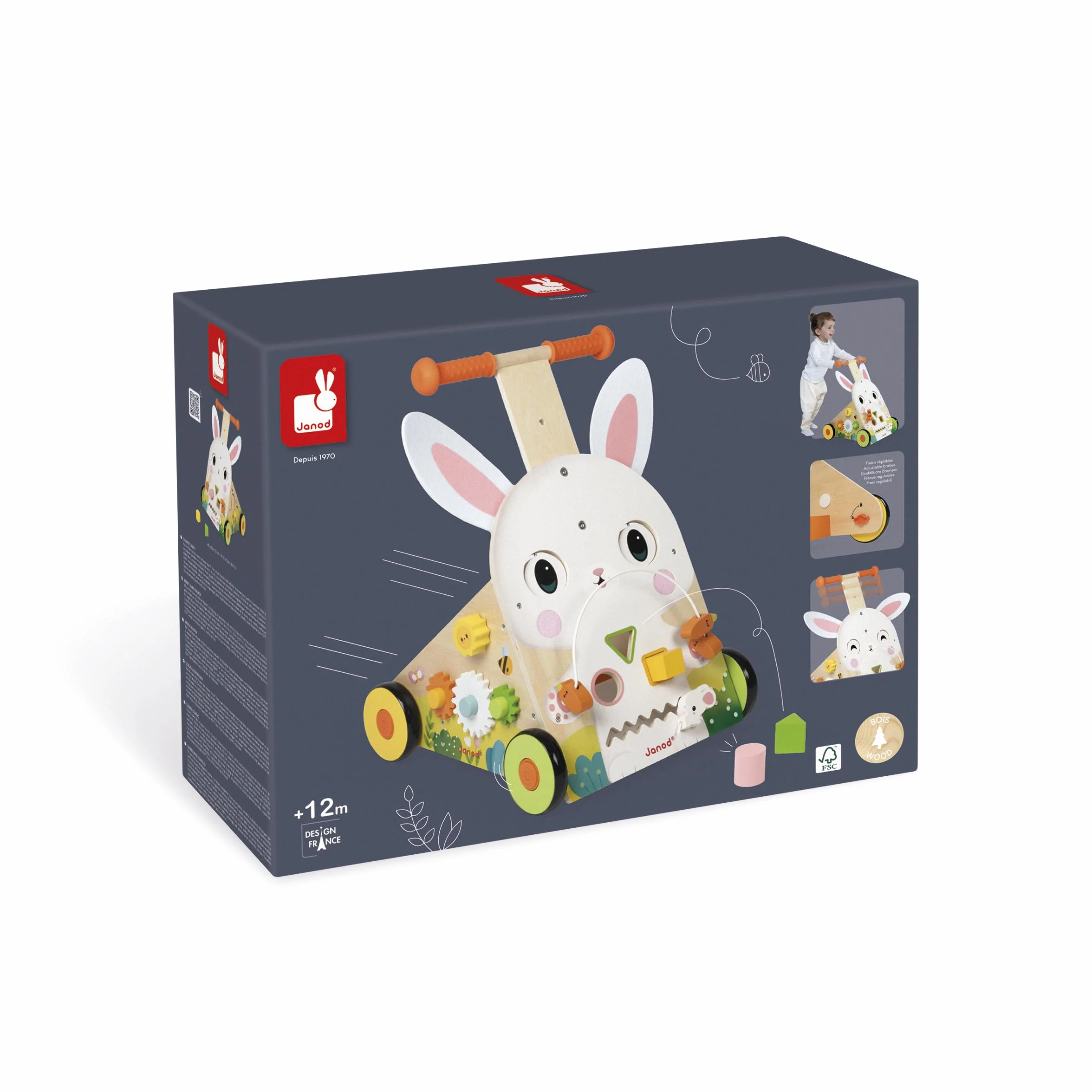Janod Chariot Multi-Activités Ferme, Carretto di Legno da Spingere, 9 attività, Sistema frenante Brevettato e Ruote silenziose, Giocattolo evolutivo per Bambini, da 12 Mesi, J03326