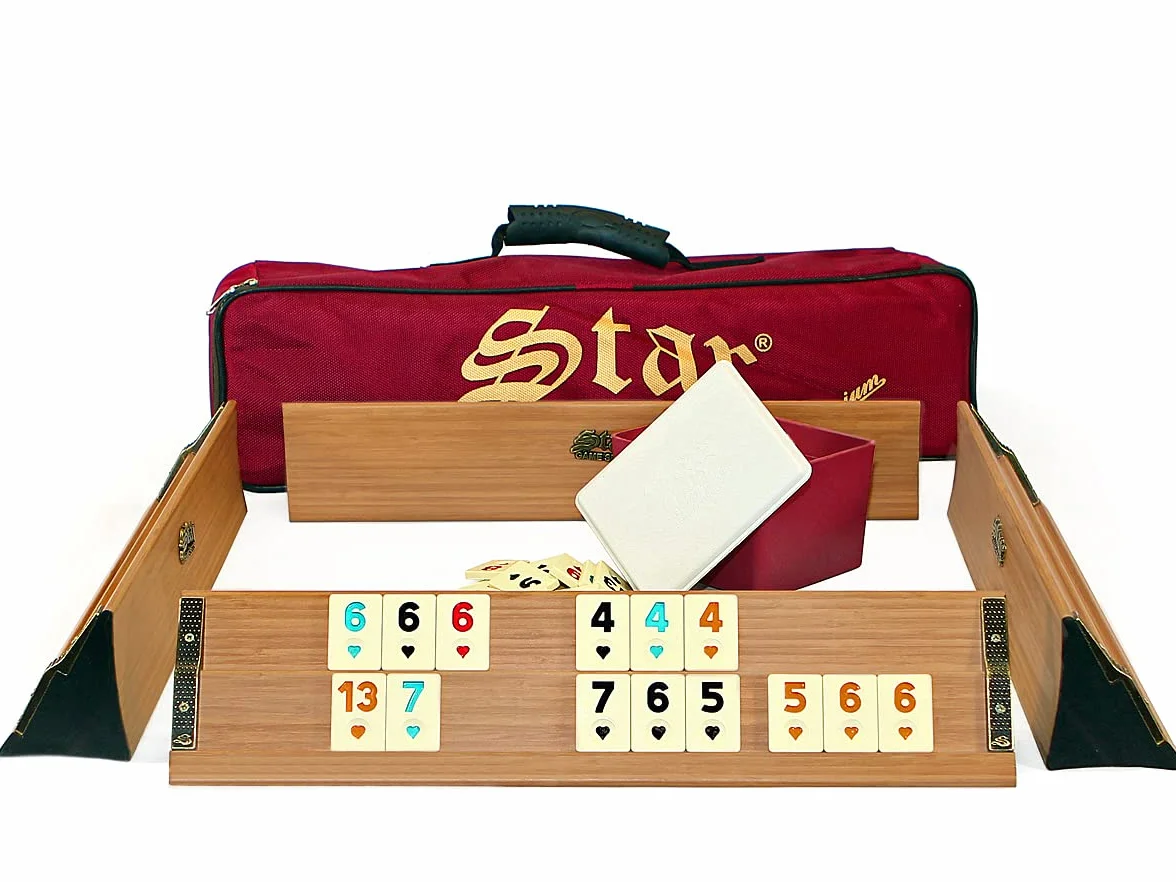 Premium Okey/Rummy - Set da gioco in legno massiccio, pietre da gioco in melamina, custodia imbottita, 104 pietre + 2 Joker + cubo (chiaro)