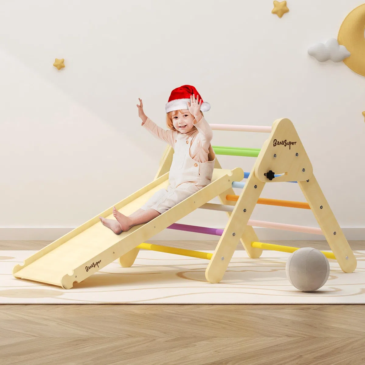 BanaSuper 2 in 1 Bambini Triangolo da Arrampicata in Legno Pieghevole con Rampa Giocattoli Montessori