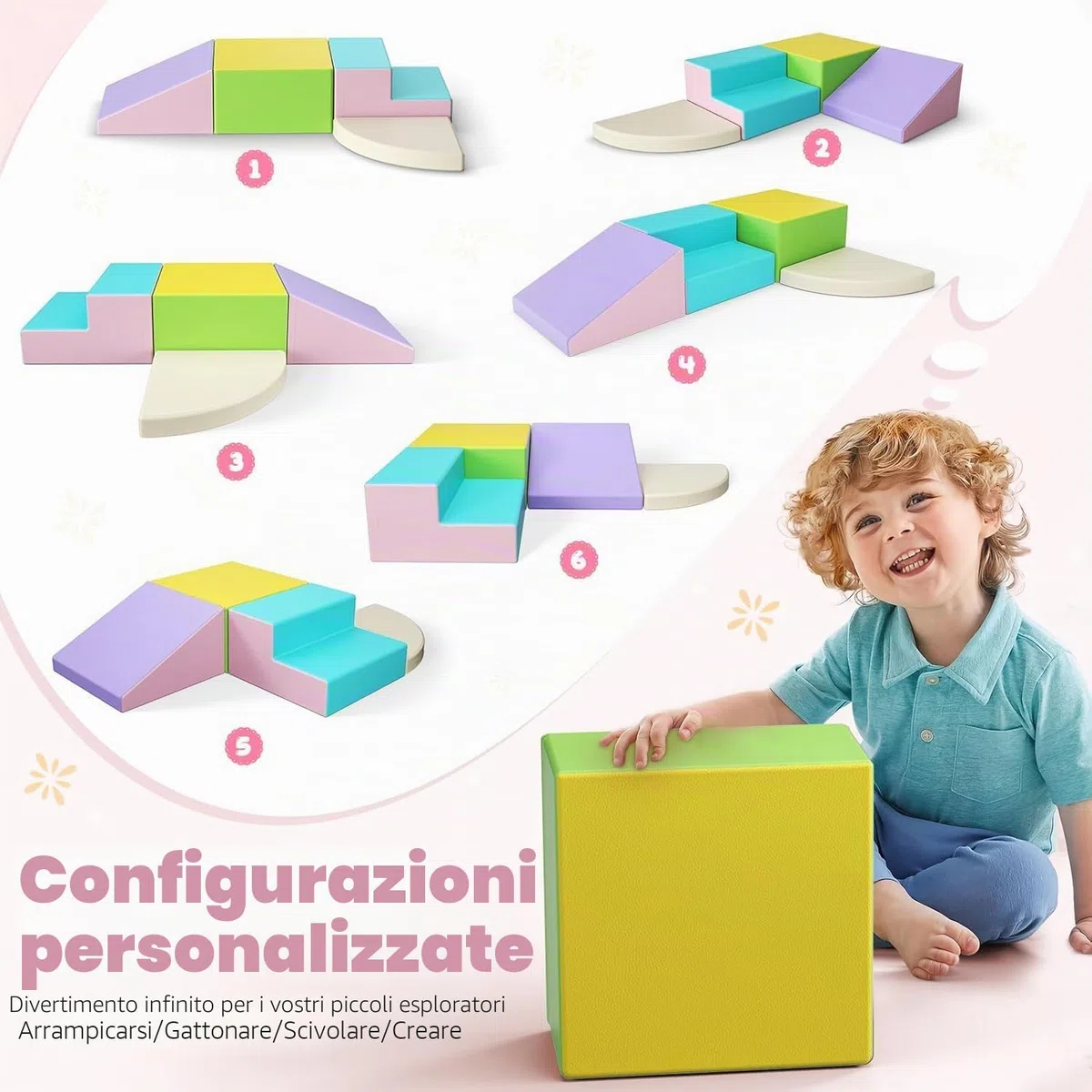 Blocchi da arrampicata bianchi per bambini, rivestimento in PU antigraffio, facile da pulire, chiusura con cerniera nascosta, schiuma ad alta elasticità