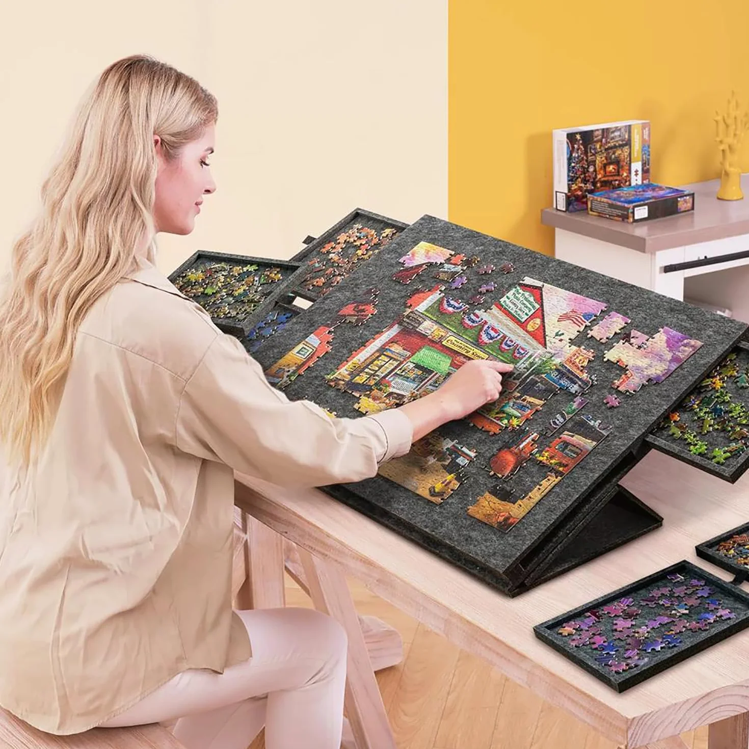 Tavolo per Puzzle，1000 Pezzi con Supporto e Copertura Progettati 2 in 1,Tavolo Inclinabile con 6 Cassetti,Tavolo Puzzle Portatile per Adulti,Leggero in Feltro Plateau,Grigio