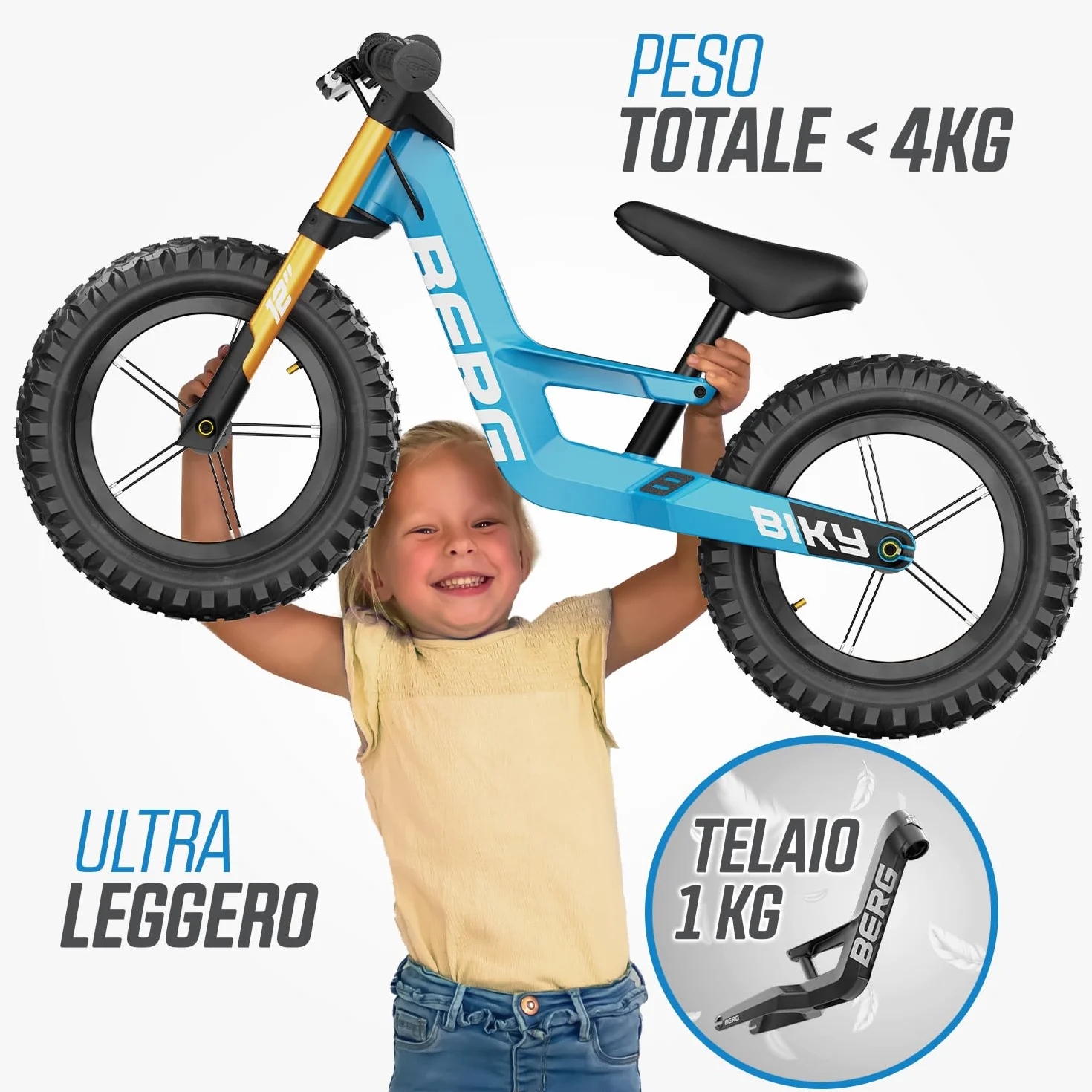 BERG Biky Cross - Bicicletta da 12 pollici, per ragazzi e ragazze dai 2 anni in su, con freno a mano, pneumatici ad aria, sella regolabile in altezza e telaio leggero in magnesio