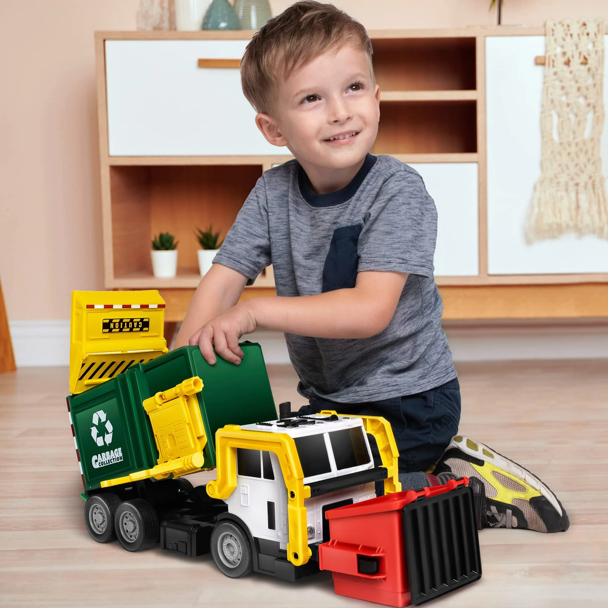 JOYIN Grande Camion Spazzatura da 40 cm, Giocattolo a Frizione con Luci e Suoni, con Pattumiera a Caricamento Frontale, 3 Bidoni Laterali con 30 Carte Pattumiera, Giocattoli per Bambini 3+(verde)