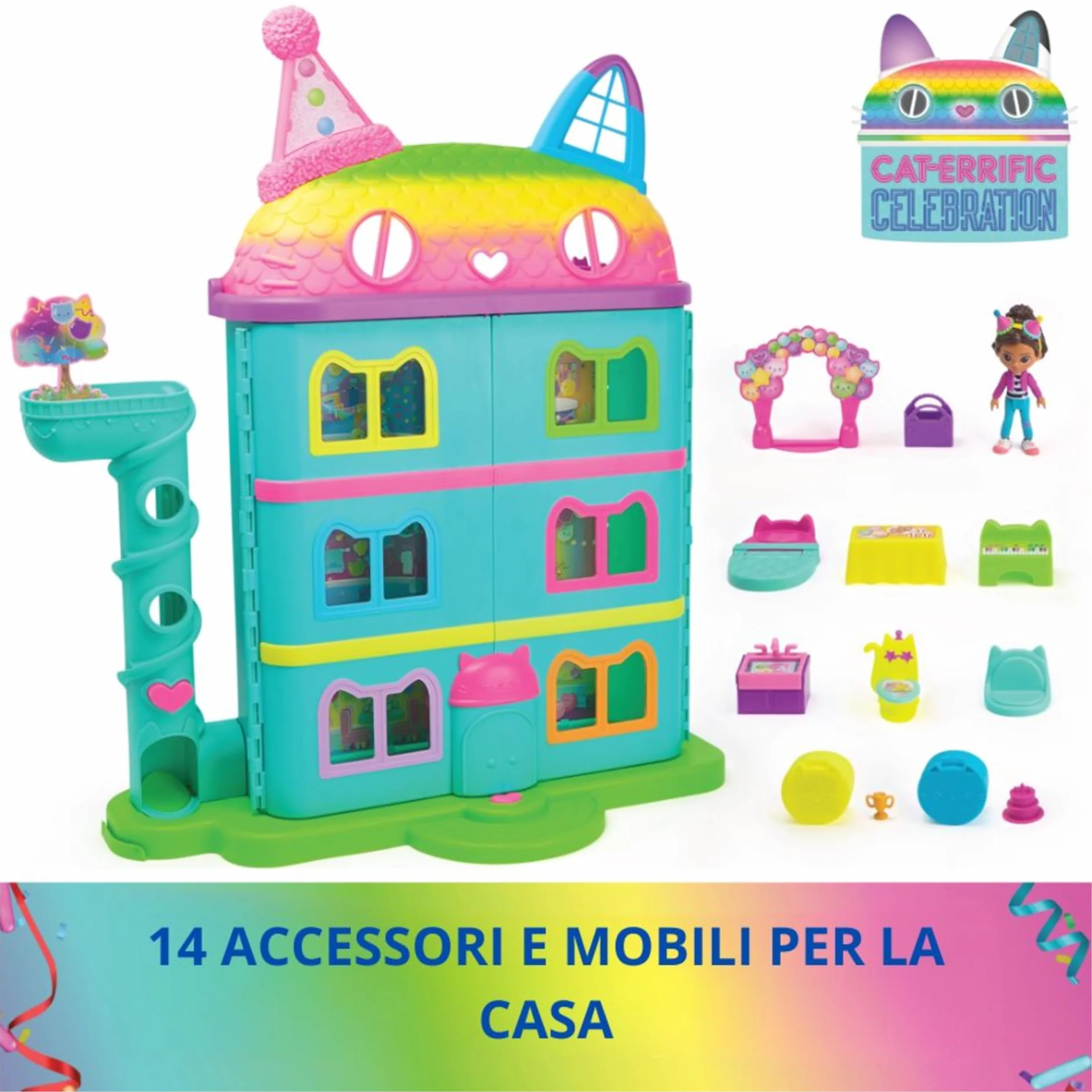 Gabby's Dollhouse, la Casa delle Bambole di Gabby a Tema Festa, 15 Pezzi a Tema Arcobaleno, Personaggi e Mobili per la Casa delle Bambole con Effetti Sonori, Alta 60 cm, 3+ Anni