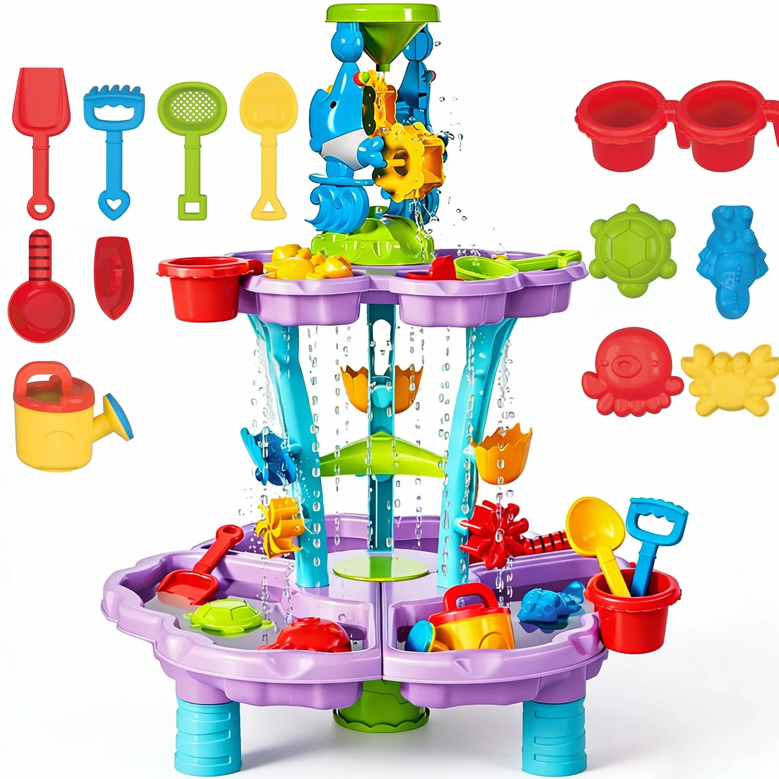 deAO Tavolo Acqua Bambini 3+ Anni – Tavolo Sensoriale Multilivello con Cascata e Fontana, Set 13 Accessori con Secchiello e Pale, Giochi da Esterno per Bambini Giardino Sabbiera