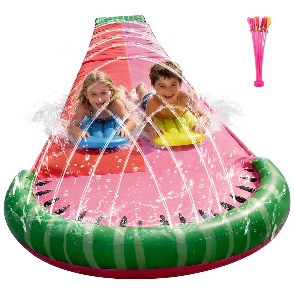 Scivolo ad Acqua 480cm x 140cm Doppio da Giardino con Irrigatore 2 Bodyboards per Adulti Bambini Estate