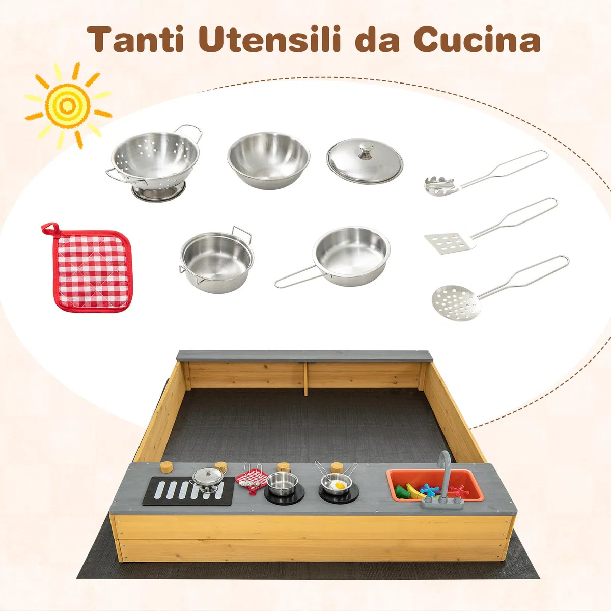 GYMAX Sabbiera in Legno per Bambini con Fodera Inferiore, Set Sabbiera da Gioco 3 in 1 per Bambini, Sedile a Panca, Sabbiera per Bambini da Esterno, per Bambini dai 3 ai 8 Anni, 135x125x20 cm