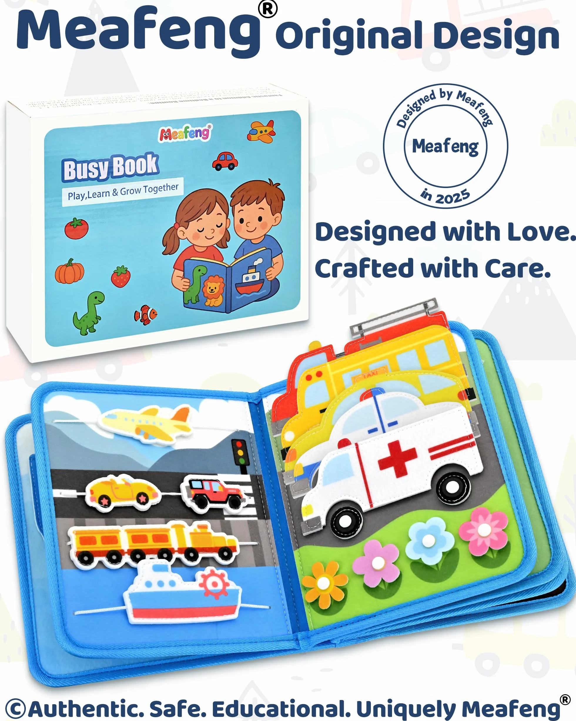 Libro Montessori Interattivo 1 Anno – Busy Board Sensoriale Educativo con Tema di Trasporto, 10 Pagine di Attività, Giochi Montessori per Bambini 1-3 Anni, Regalo Didattico e Creativo