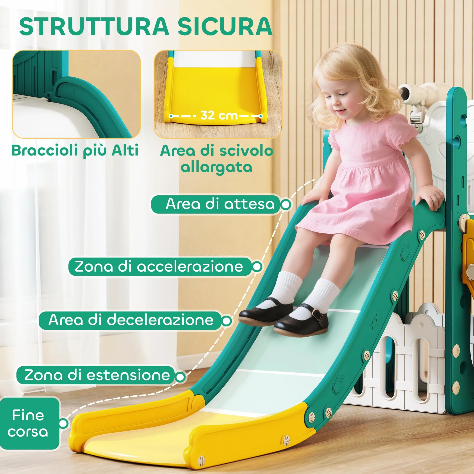 AIYAPLAY Set Scivolo per Bambini 5 in 1 con Canestro, Scaletta, Telescopio Giocattolo e Contenitori, Giochi per Bambini da Interno ed Esterno Età 1-3 Anni, Giallo