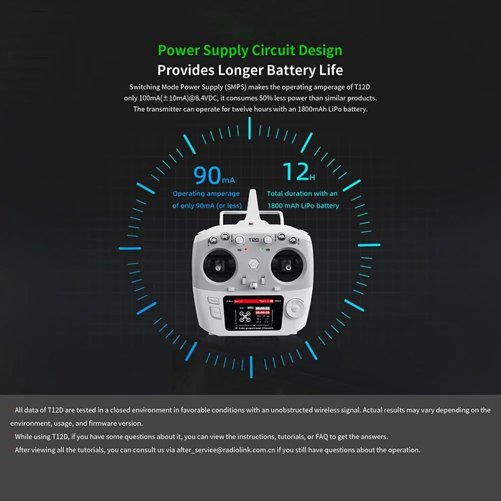 Per RadioLink T12D 12CH Trasmettitore RC + Ricevitore R12F 2.4GHz Controller Remoto per Drone FPV, Aeroplani A Ala Fissa e Automobili R