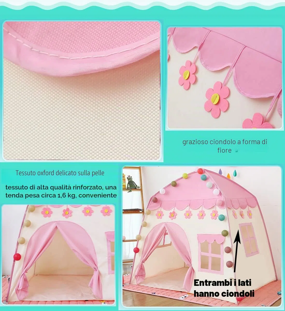 Tenda da gioco per bambini con luci a stella, rosa, per interni ed esterni