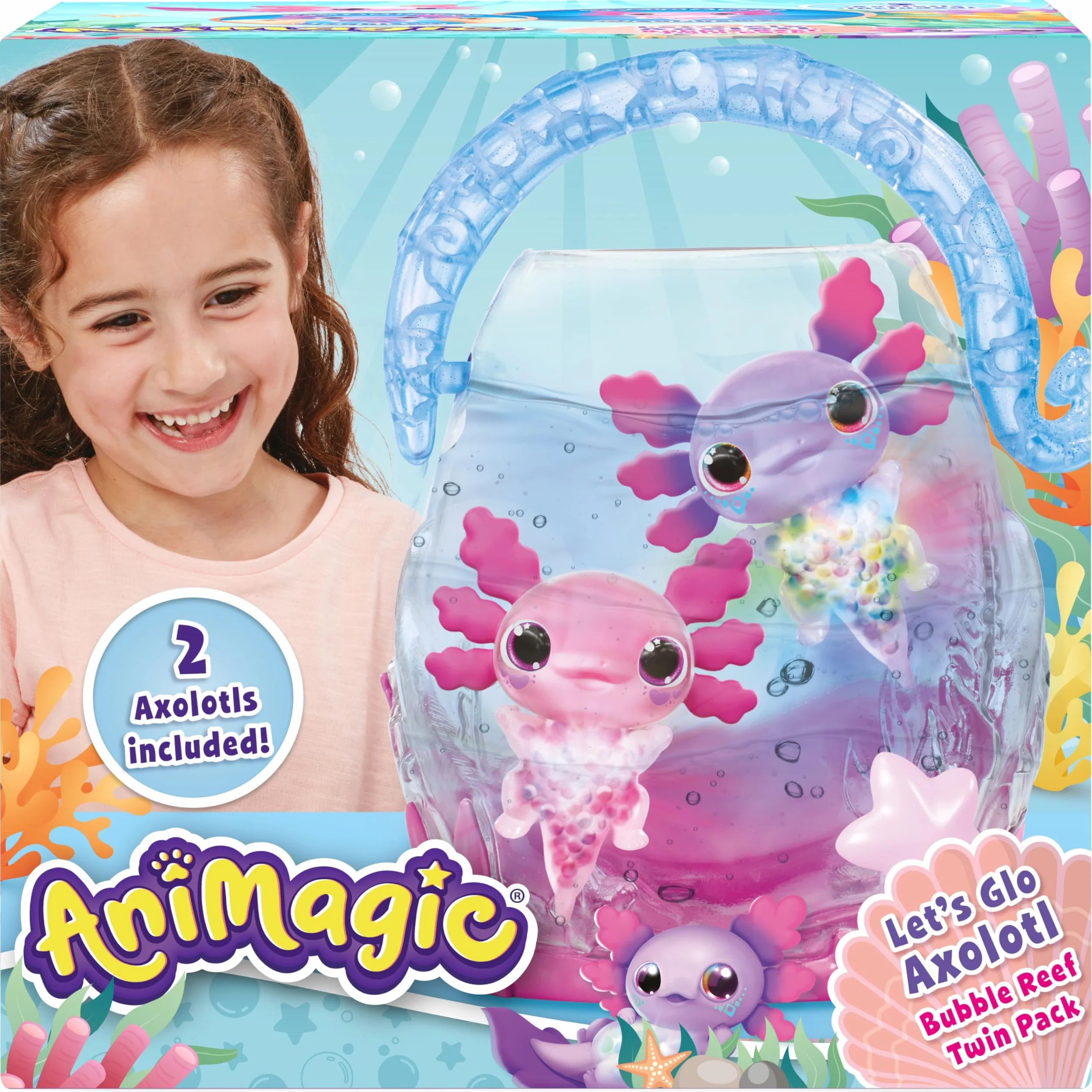 ANIMAGIC Let's Glo Axolotl Bubble Reef Acquario interattivo 2 axolotl rosa viola Compagni elettronici luminosi Gioco sensoriale tattile bambini 4+