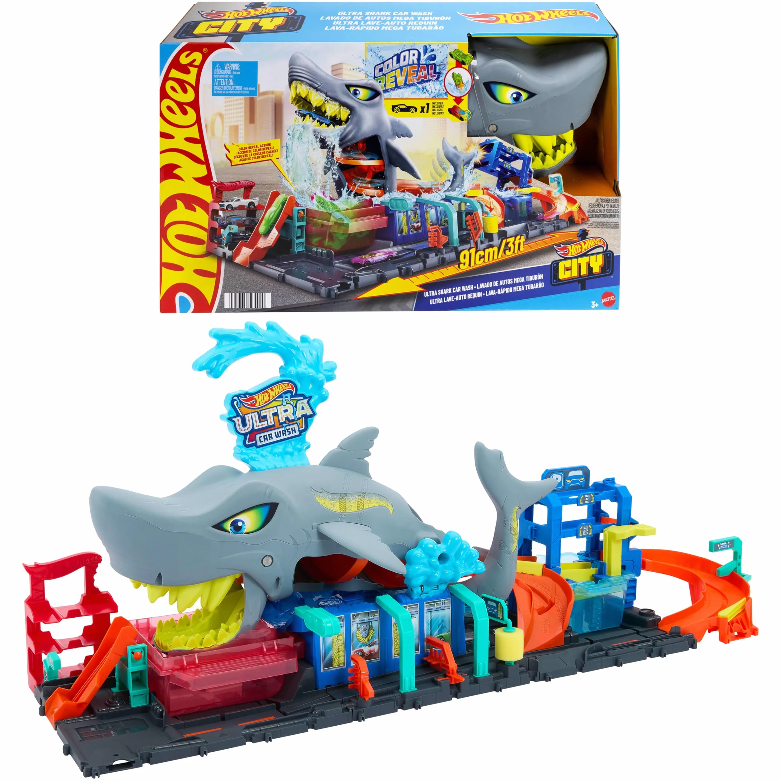 Hot Wheels 'Let's Race' Netflix - Mega Squalo Autolavaggio, pista con rullo di schiuma e cancelli mobili, funzione cambia colore e macchinina Color Reveal inclusa, 3+ anni, HTN82
