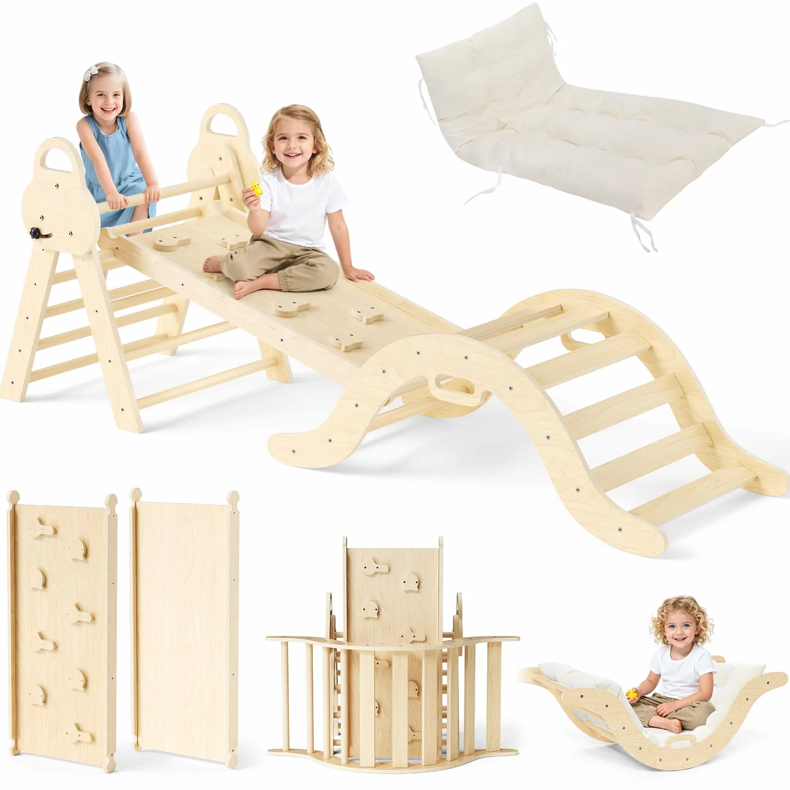 Montessori 7 w 1 Zestaw drabinki wspinaczkowej: trójkąt wspinaczkowy do wnętrz, łuk wspinaczkowy z poduszką i zjeżdżalnią, drewniana zabawka wspinaczkowa