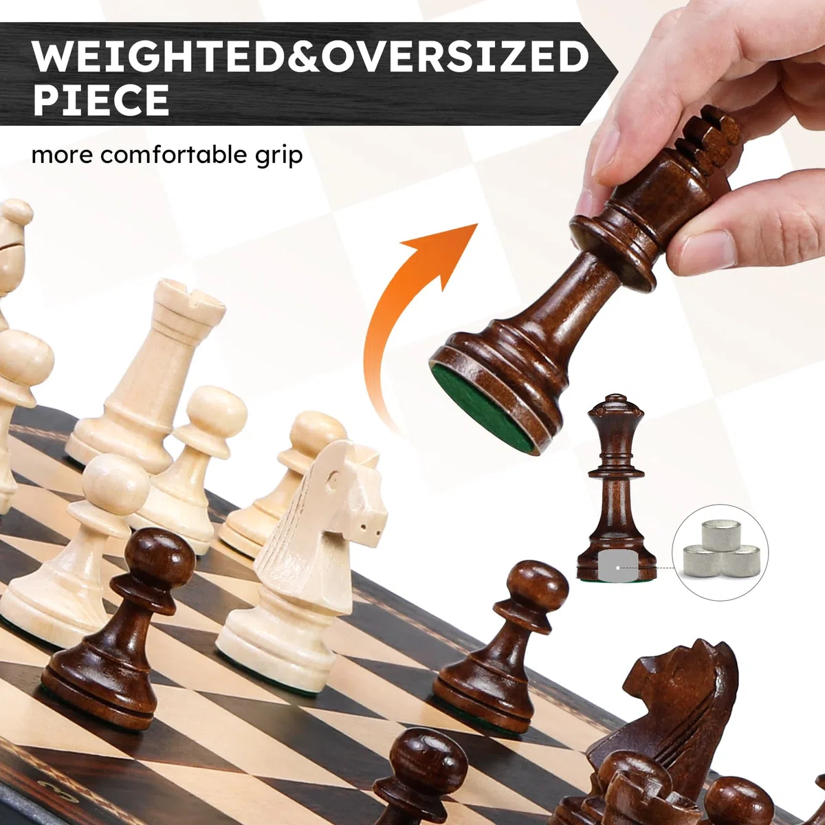 Peradix 48 x 48 CM Grande Gioco di Scacchi in Legno - Scacchiera Pieghevole in Legno di Alta Qualità con 34 Grandi e Pesanti Pezzi di Scacchi - Scacchi per Adulti e Bambini (48×48 cm, Nero)