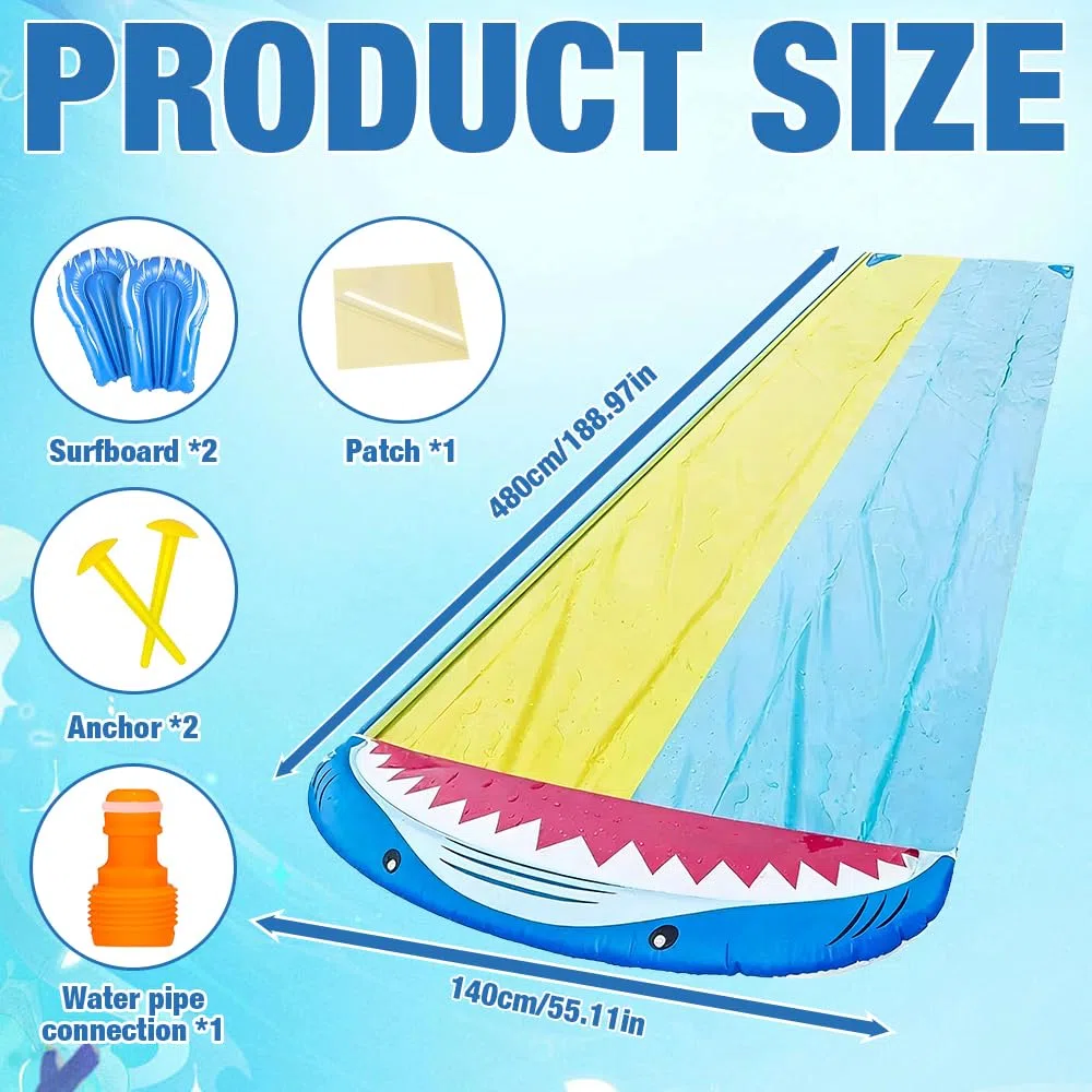 Scivolo d'Acqua 480 cm Doppio con 2 Bodyboard Irrigatore Integrato Resistente per Prato Giardino Giochi all'Aperto