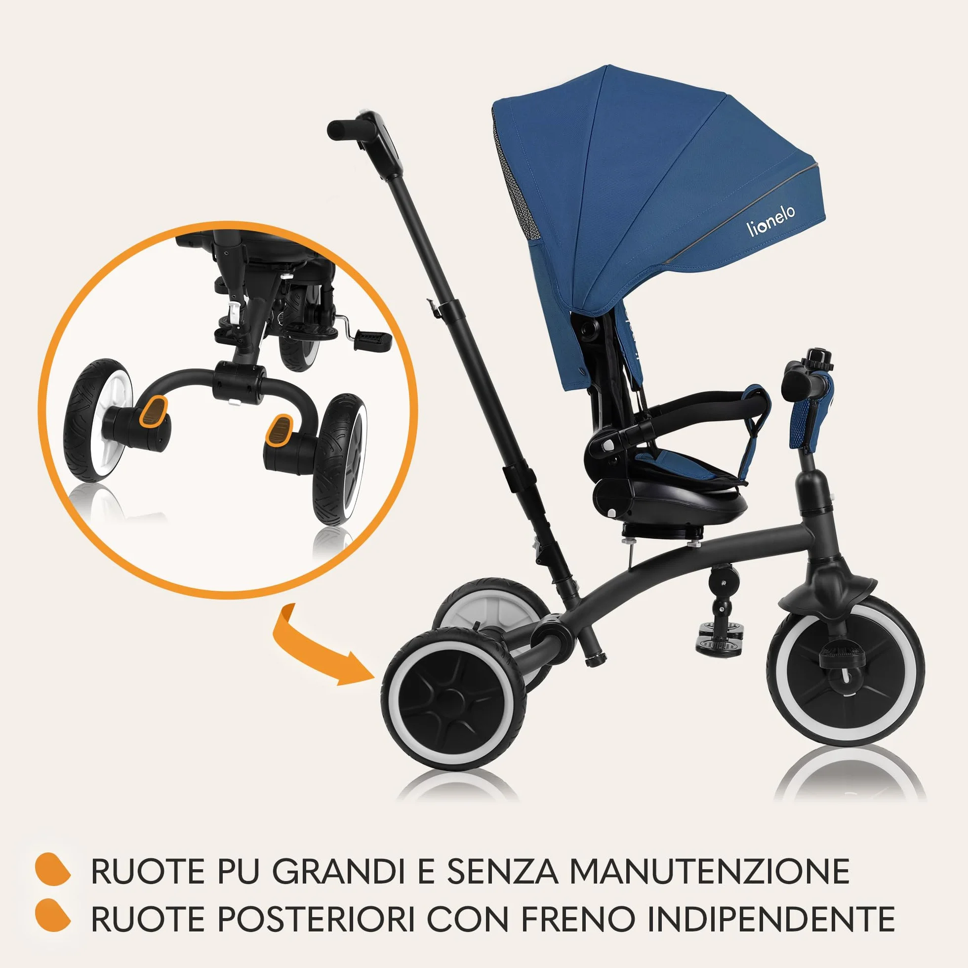LIONELO Tris Plus 2in1 Bicicletta Triciclo e Passeggino pieghevole per bambini da 9 mesi fina a 25kg Sedia 360gradi Fronte Mamma o Strada Bici regolabile e compatta Borsa Portabibite Ruote PU (Blue)