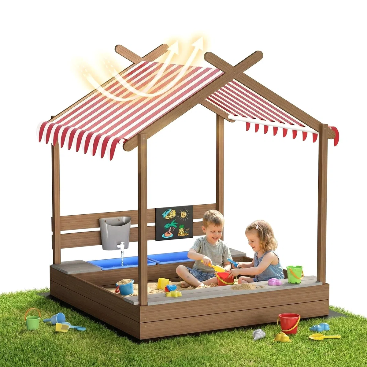 MAMIZO Grande Sabbiere da Esterno per Bambini 3-10 anni, Sandbox in Legno con Tetto, Recinto di Sabbia con Lavagna, Rubinetto, 2 Bacinella, Giardini Playhouse per Spiagge, Balconi, 113x116x142 CM