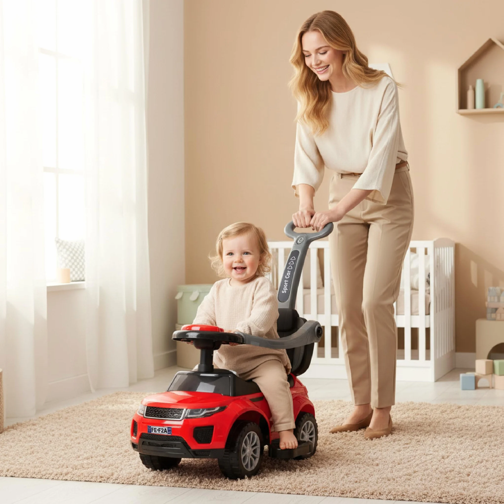Auto a spinta per bambini 4in1, scivolo a partire da 1 anni, con clacson e musica, spazio per riporre i bagagli sotto il sedile (Rosso)