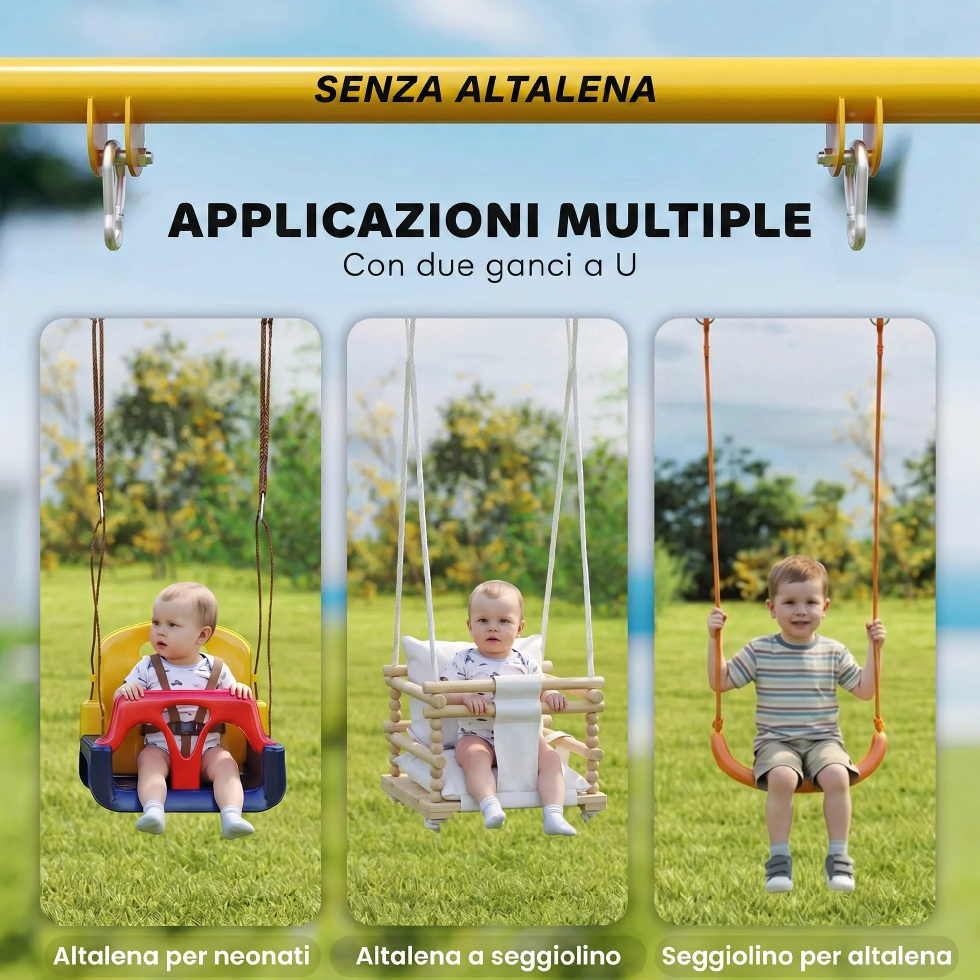 AIYAPLAY Struttura per Altalena da Giardino per Bambini, Struttura Altalena in Acciaio, Anti-UV, Impermeabile, Supporta 50kg, con 2 Ganci per Altalena a Nido, Altalena a U