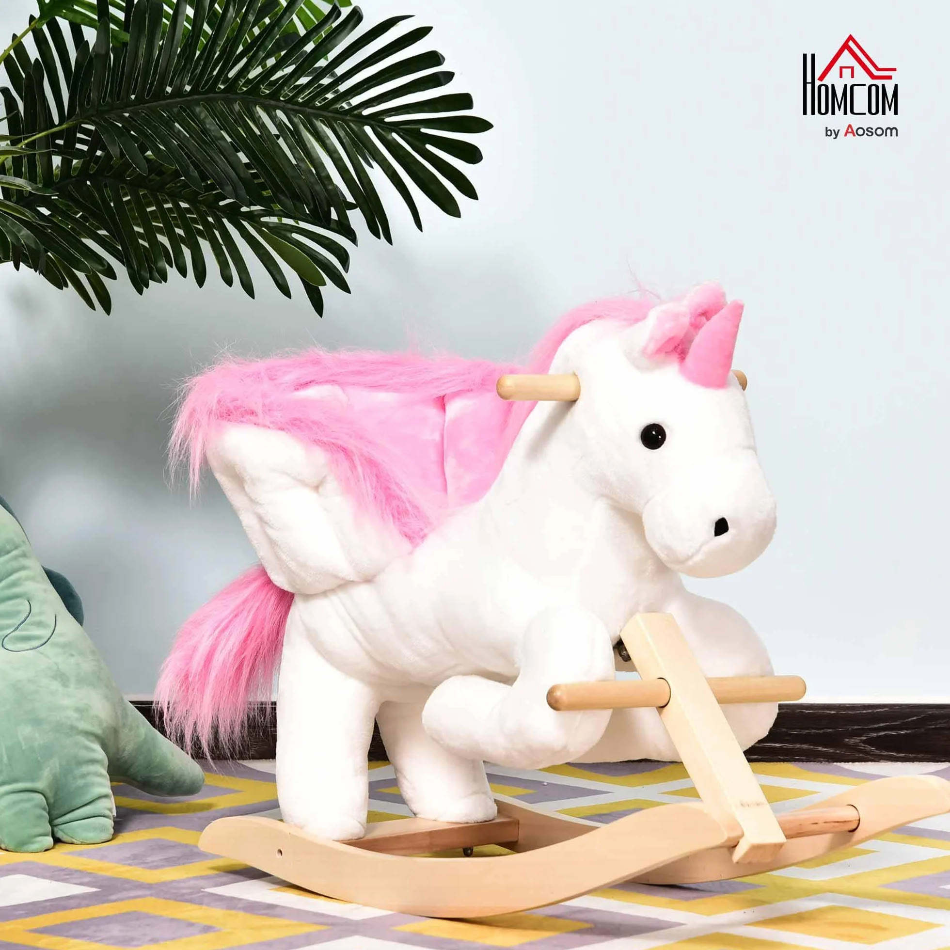 HOMCOM Cavallo a Dondolo a Forma di Unicorno con Musica, Struttura in Metallo e Legno, Rivestimento Peluche, 69x32x57cm, Bianco Rosa