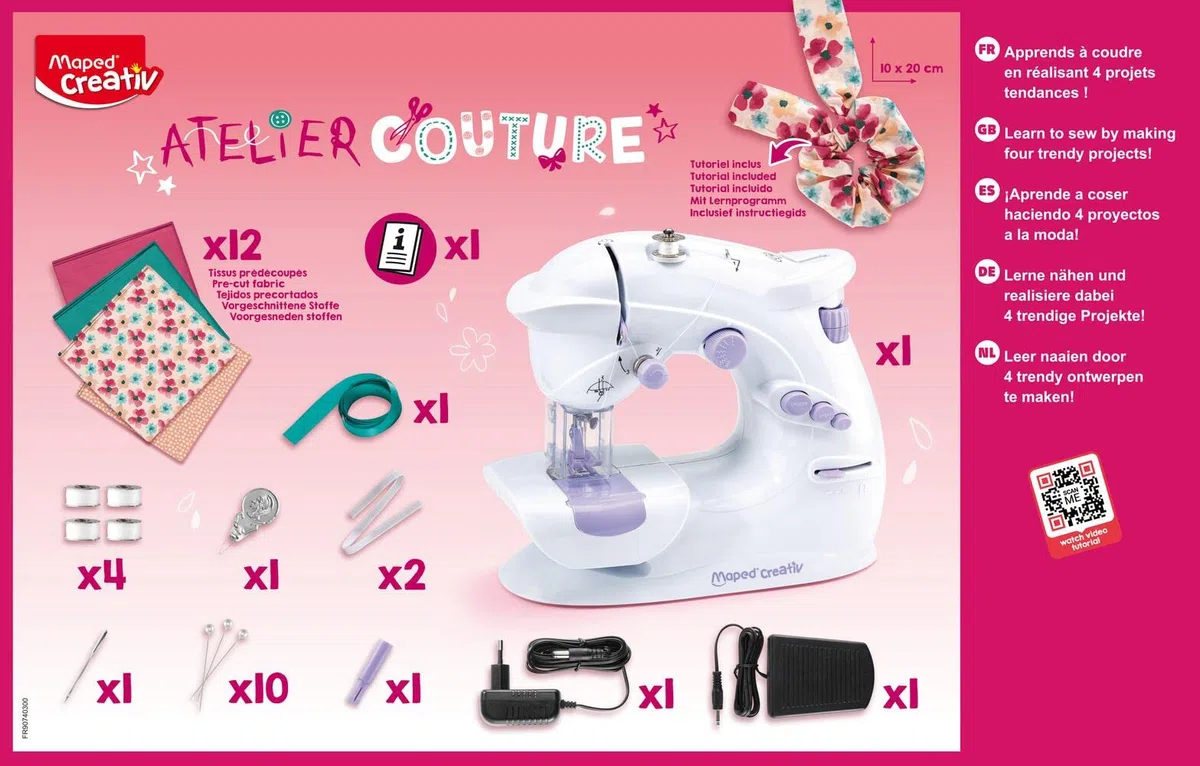 Maped Creativ - Atelier Couture - Macchina da Cucire con 4 Realizzazioni Tendenze da Creare - Kit completo per Principianti, con Sistema di Sicurezza - 8 anni