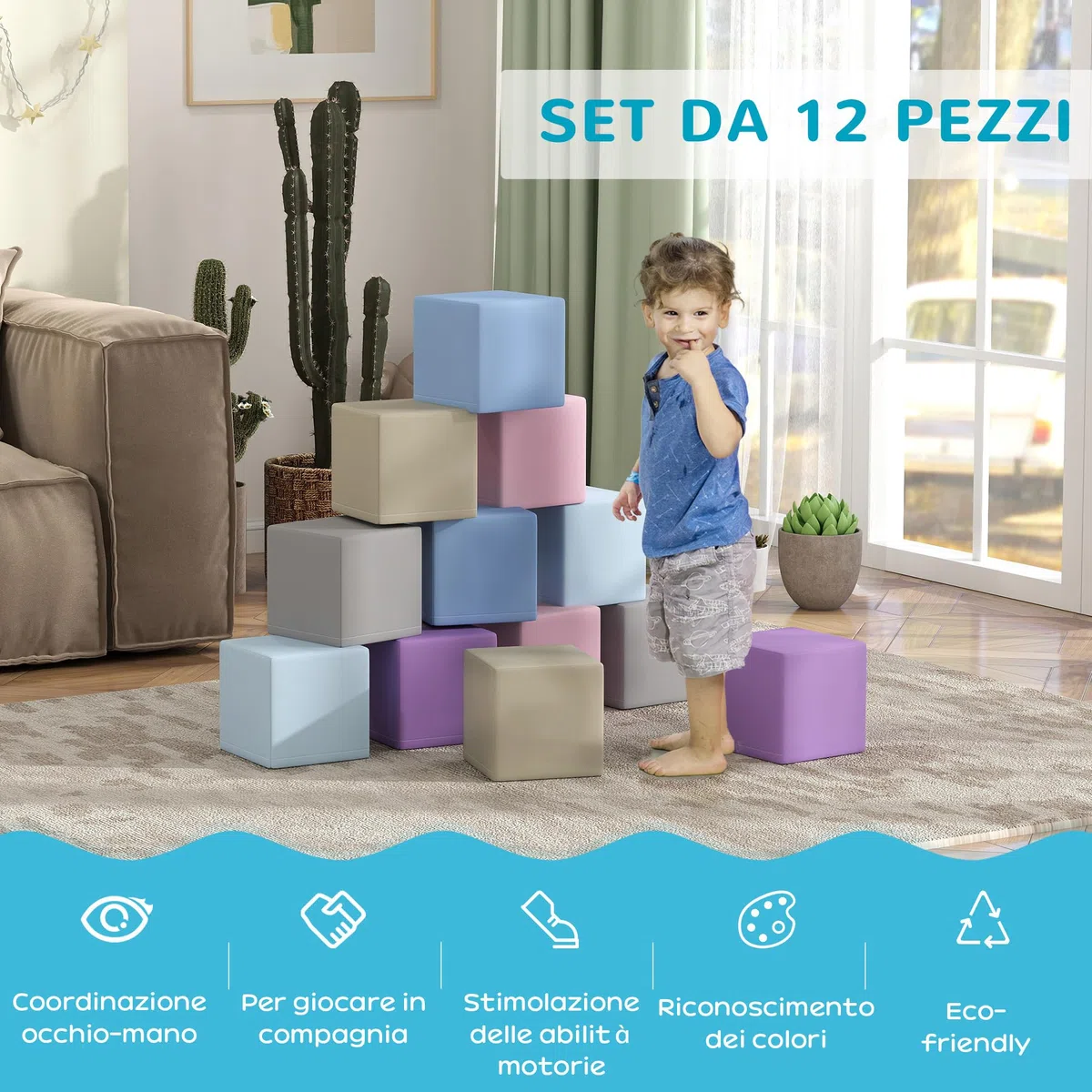 HOMCOM Set 12 Blocchi Schiuma per Bambini 12-36 Mesi, Costruzioni Morbide PU EPE 20x20x20 cm, Multicolore Chiaro