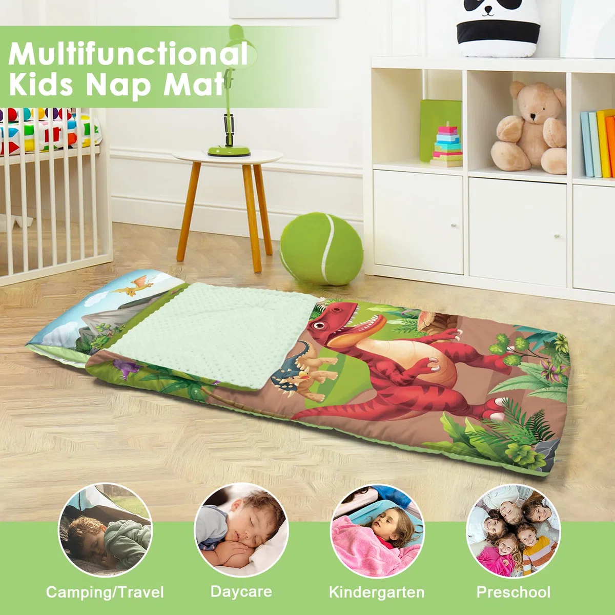 Nap Mat Caldo per Bambini con Rimovibile Cuscino, Grande Sacco a Pelo Pieghevole per Ragazze Ragazzi, Nap Mats con Doppia Cerniera per Campeggio, Scuola Materna e Asilo, 150×60cm