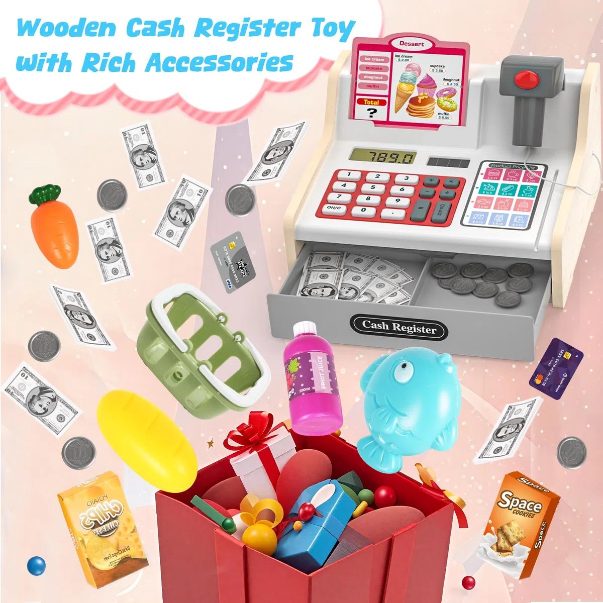 maysida Cassa Giocattolo in Legno con Scanner e Suoni per Bambini 3-5 Anni, Set Negozio con Monete, Carte, Carrello e Cibo Natale o Compleanno