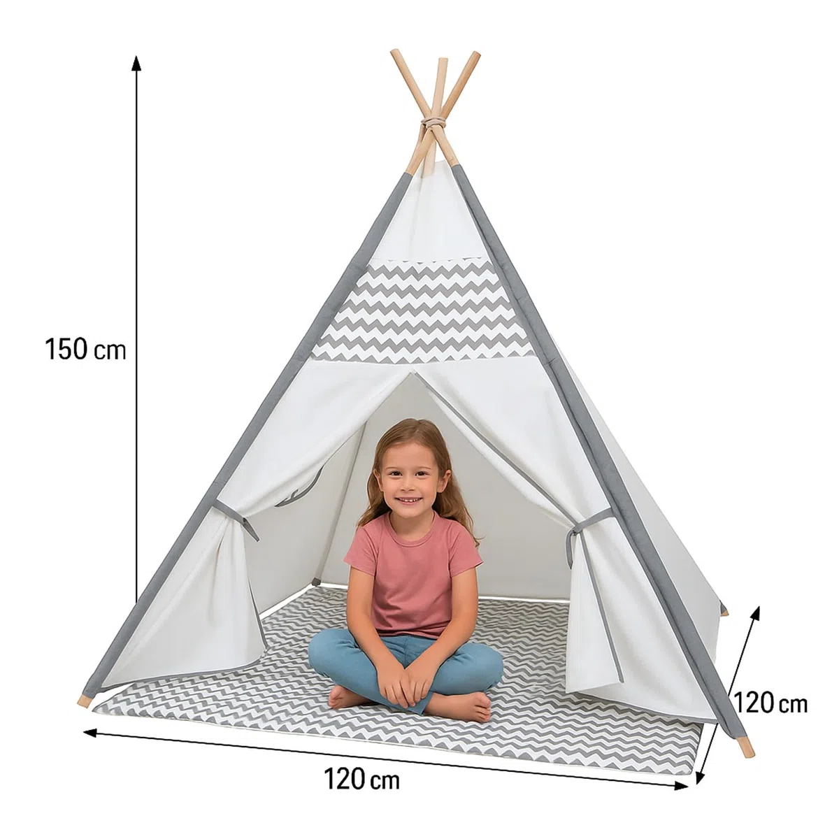 Tenda Gioco Teepee per Bambini Indiana con Tappetino Bianca Grigia Zigzag 120x120x150 cm Interni Design Classico