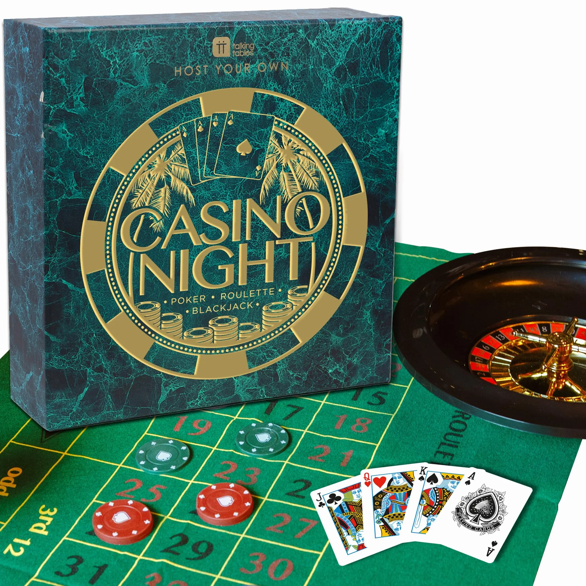 Talking Tables Casino Night Kit Poker Blackjack Roulette Set Gioco per Adulti | Tappetino Fiches Carte Denaro Palline GAMECASINO