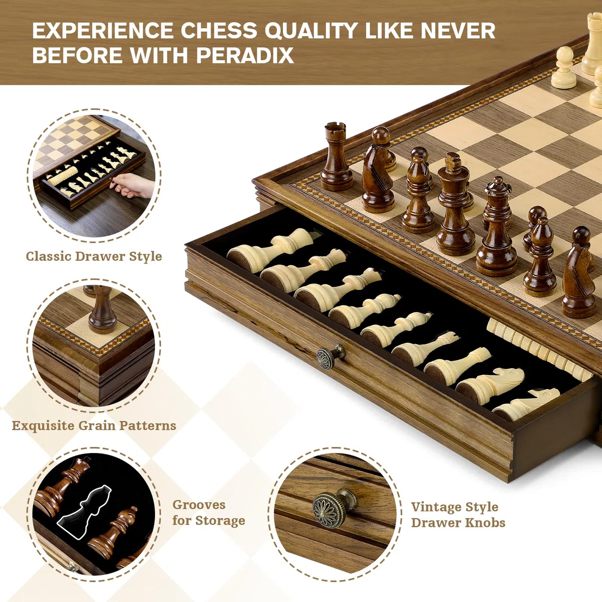 Peradix Scacchi Dame Game 2 in 1 Scacchiera Magnetica in Legno di Noce 38 x 38 cm con Cassetto