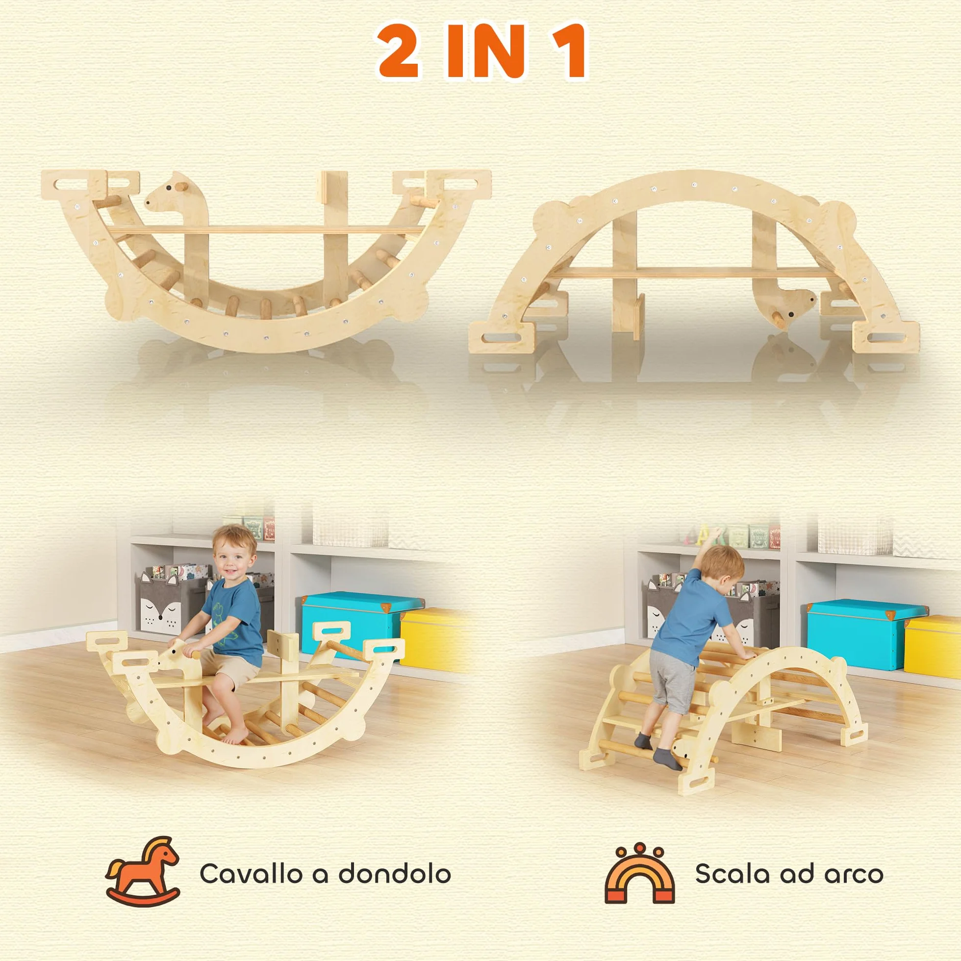 AIYAPLAY Arco Montessori per Bambini 2-4 Anni Convertibile in Dondolo, Gioco Arrampicata in Legno, 110x52x45 cm, color Legno