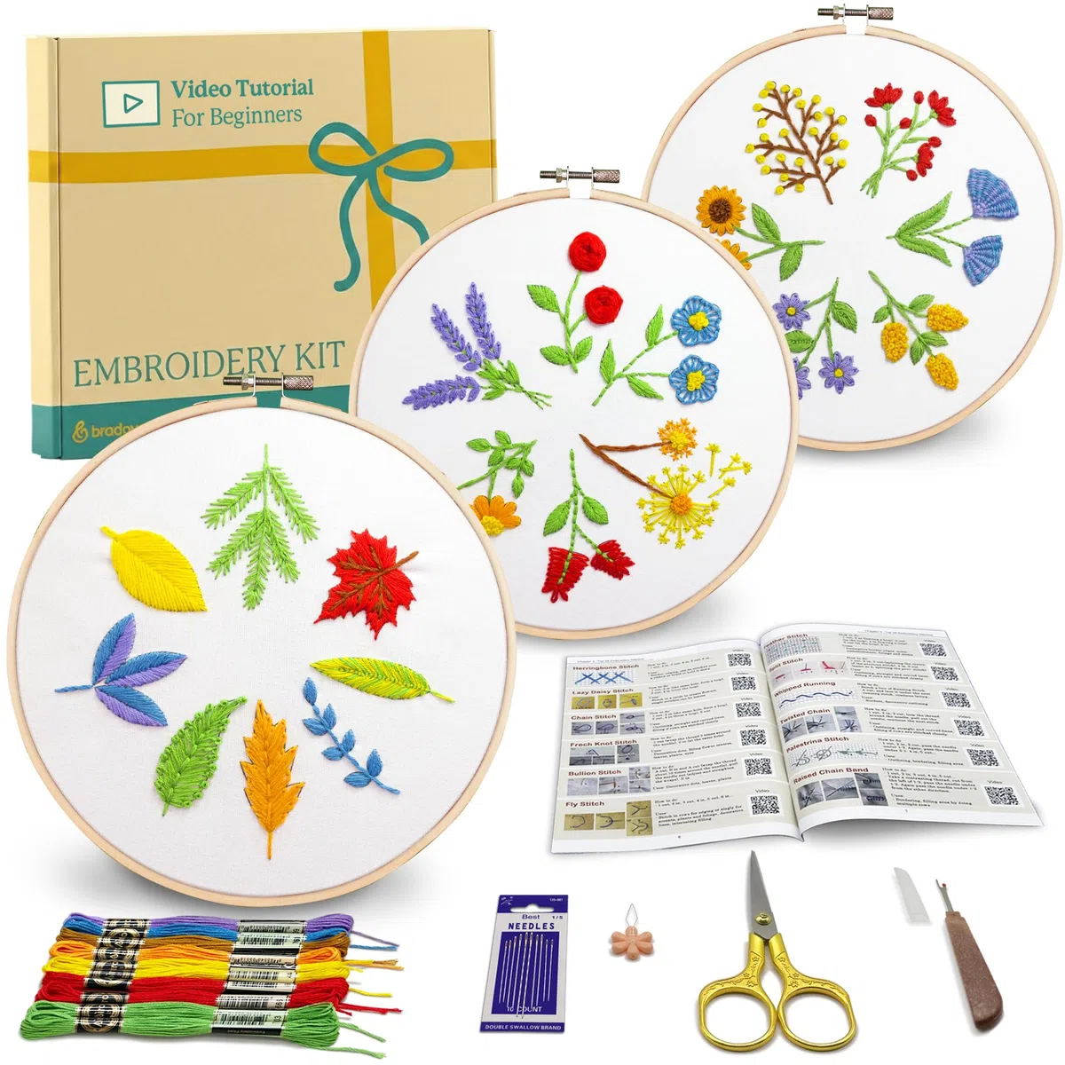 Bradove 3 set kit di ricamo foglie e fiori per principianti adulti bambini