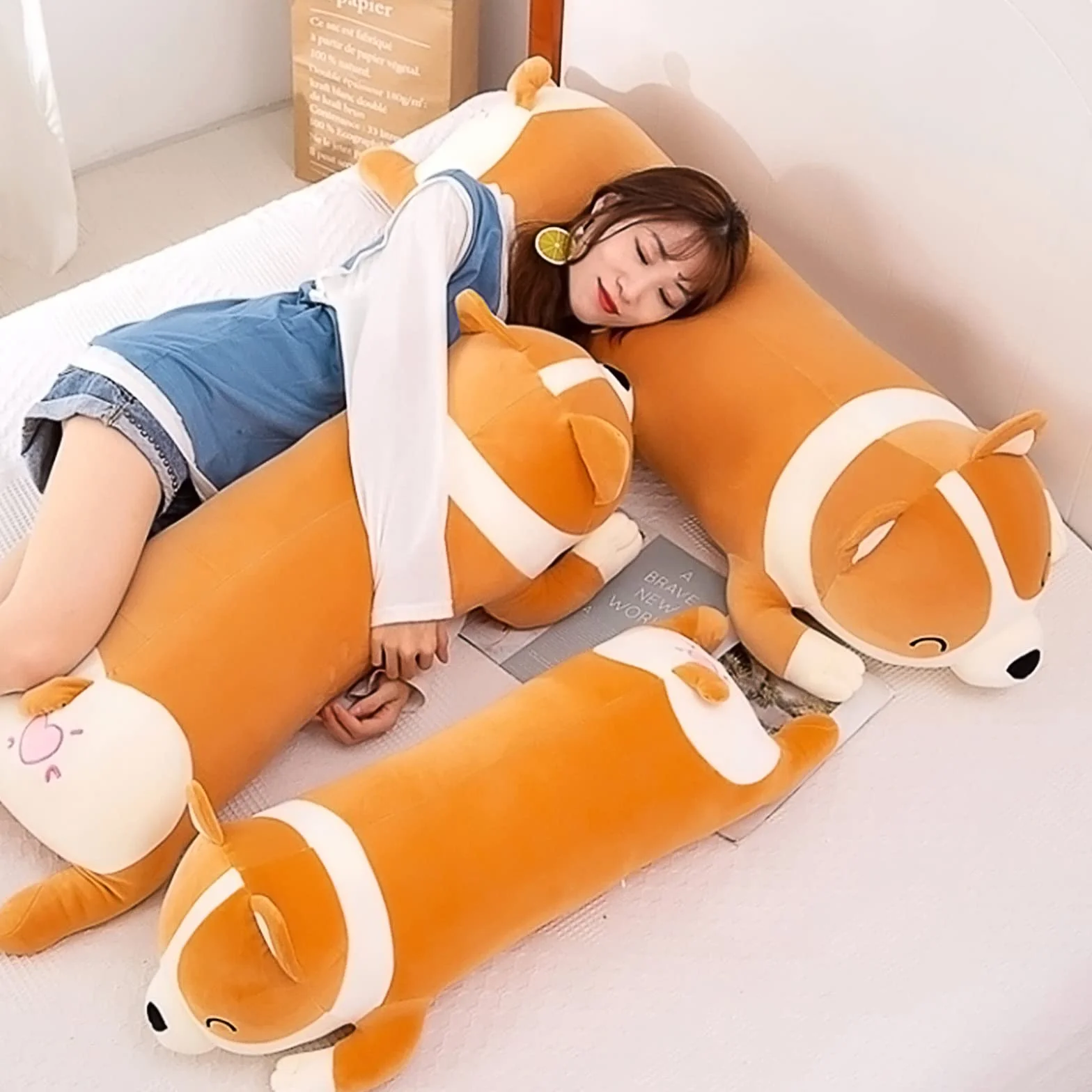 SNOWOLF Shiba Inu - Cuscino in peluche per cani e corgi Akita, morbido peluche confortevole, regalo per ragazze e ragazzi (giallo, 100 cm)