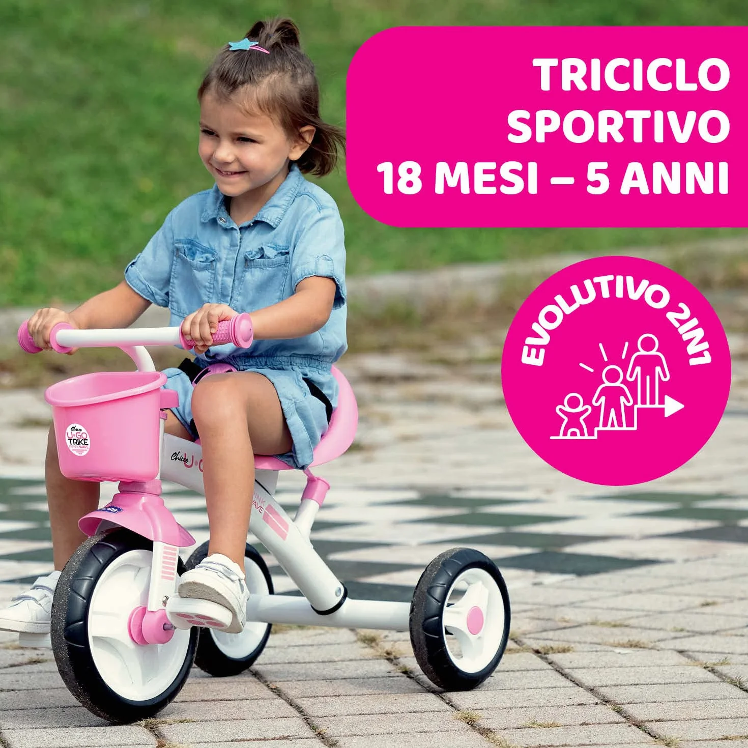Chicco Triciclo Bambini U-Go 2in1, Triciclo Bimba e Bimbo con Maniglione ad Altezza Regolabile, Cinture di Sicurezza e Cestello Portaoggetti, Max 20 kg - Giochi per Bambini 18 Mesi - 5 Anni