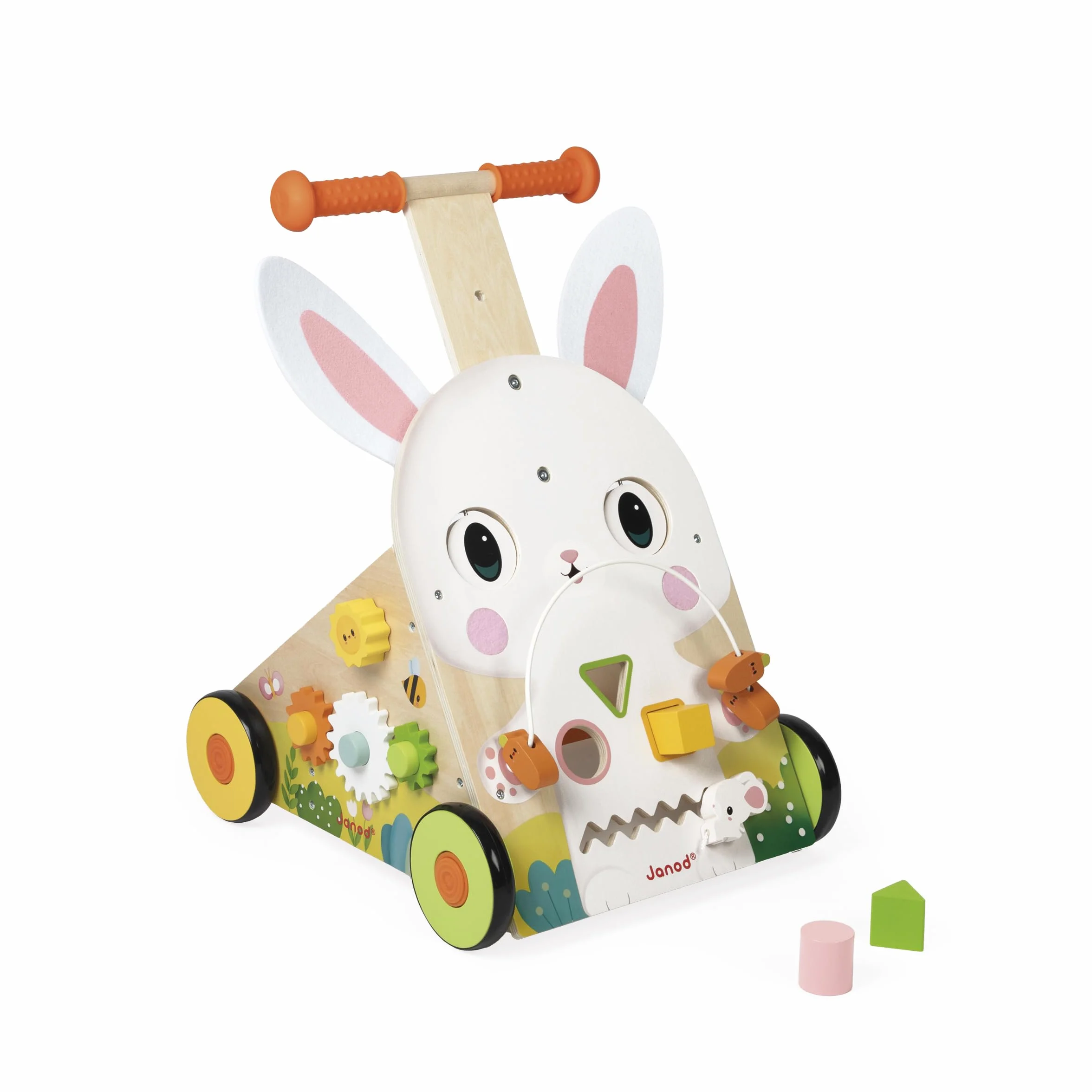 Janod Chariot Multi-Activités Ferme, Carretto di Legno da Spingere, 9 attività, Sistema frenante Brevettato e Ruote silenziose, Giocattolo evolutivo per Bambini, da 12 Mesi, J03326