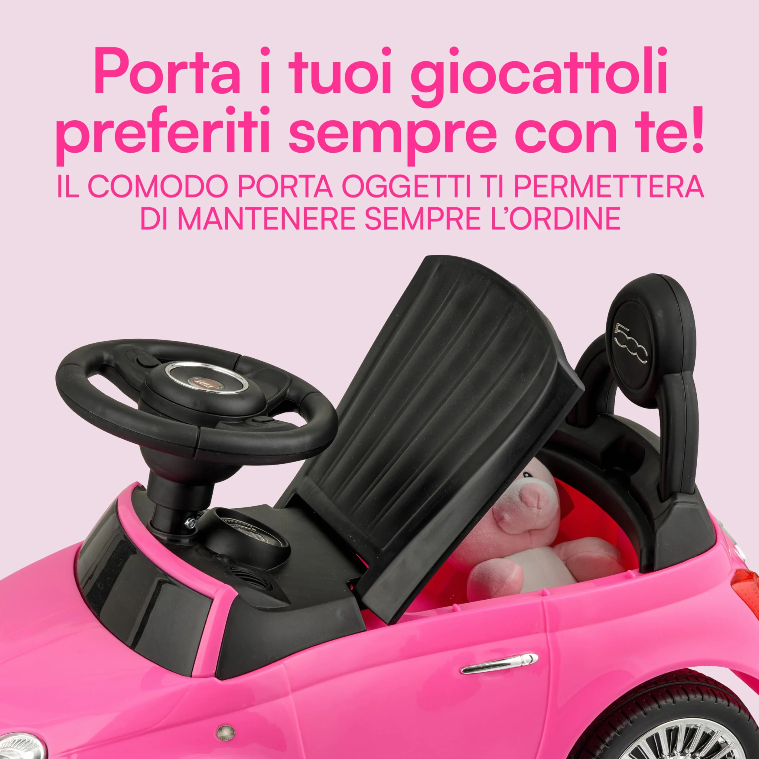 Baroni Toys Macchinina Cavalca Bambini 12-36 Mesi, Fiat 500, Rosa, 28x60x23 cm