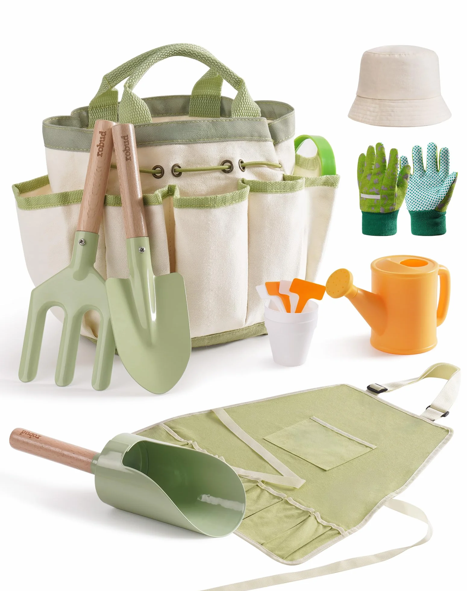 ROBUD Set da giardinaggio per bambini, kit di attrezzi da giardino per bambini da 18 pezzi con grembiule, annaffiatoio, paletta, giocattoli educativi all'aperto per bambini e bambine dai 3 anni in su
