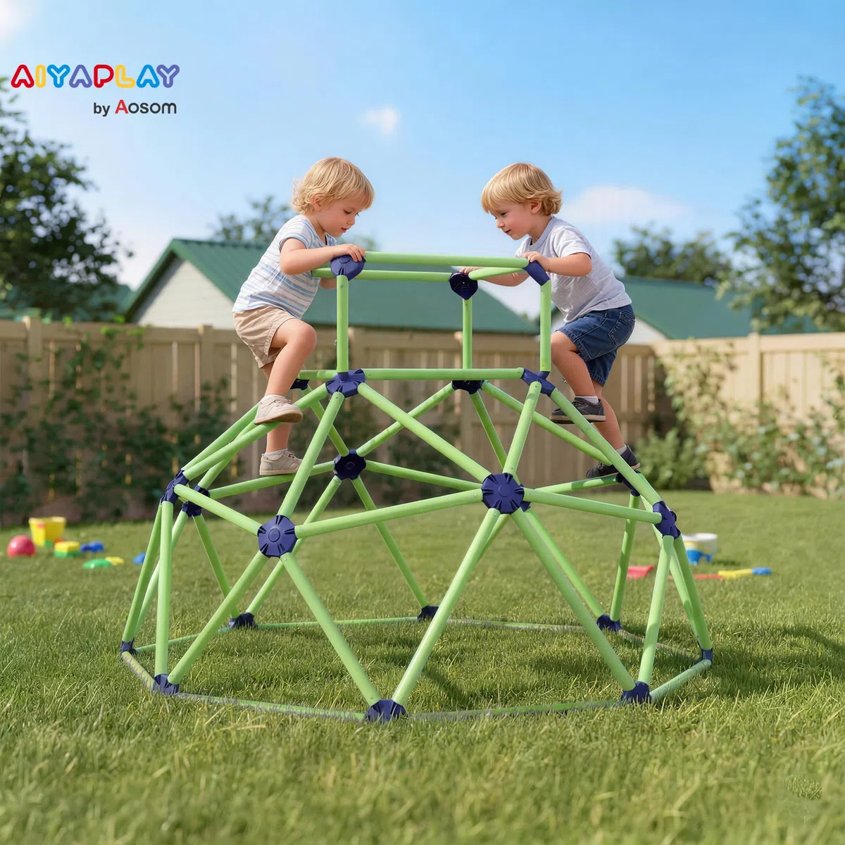 AIYAPLAY Gioco Arrampicata Bambini 3-8 Anni a Cupola per Interno ed Esterno con Bordi Smussati, Gioco per Bambini in Plastica, 182.5x182.5x119 cm, Verde e Viola